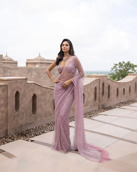 Onion Color Soft Net Sequence Work Saree