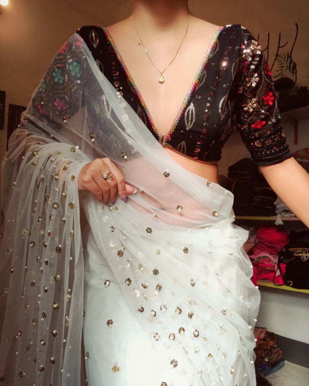 Function Wear White Color Sequence Pearl Work Soft Net Saree Blouse For Women