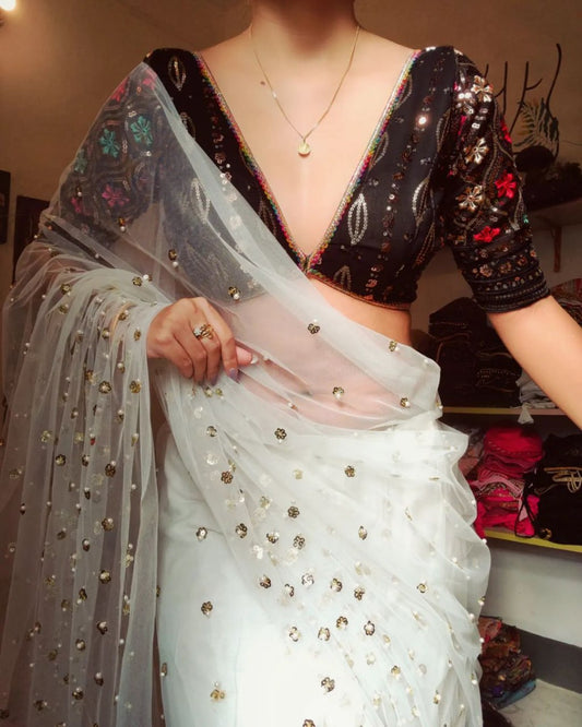 Function Wear White Color Sequence Pearl Work Soft Net Saree Blouse For Women