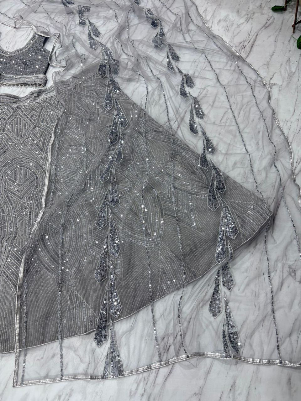 Steel Grey Georgette Heavy Sequence Work Long Lehenga Choli