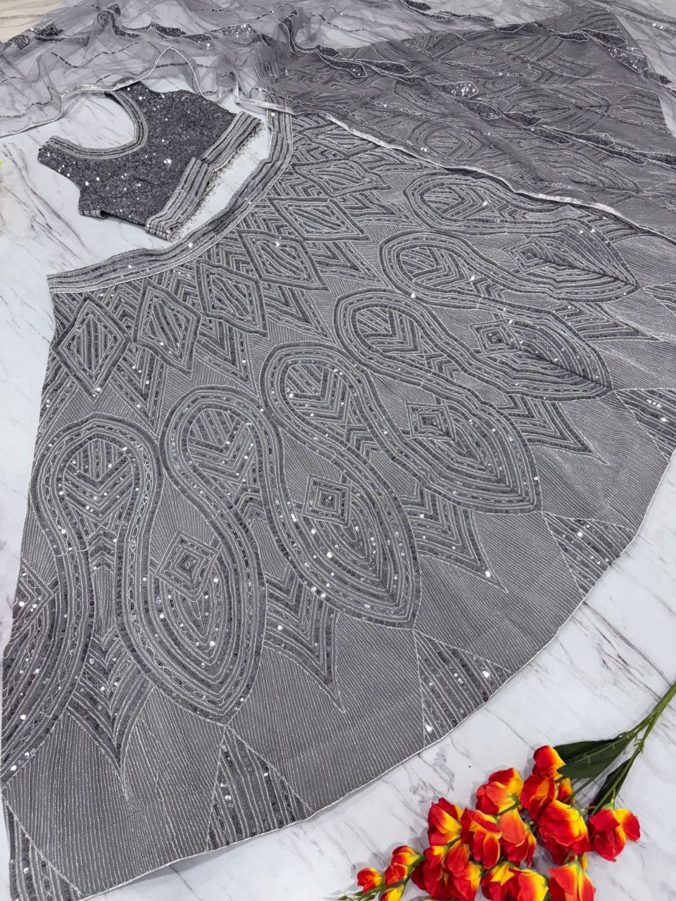 Steel Grey Georgette Heavy Sequence Work Long Lehenga Choli