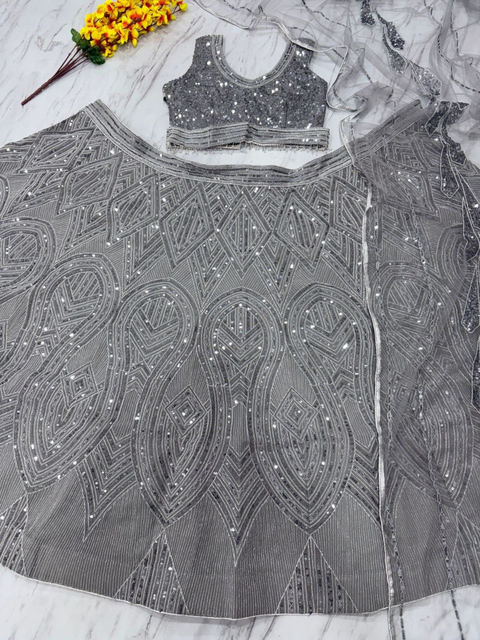 Steel Grey Georgette Heavy Sequence Work Long Lehenga Choli