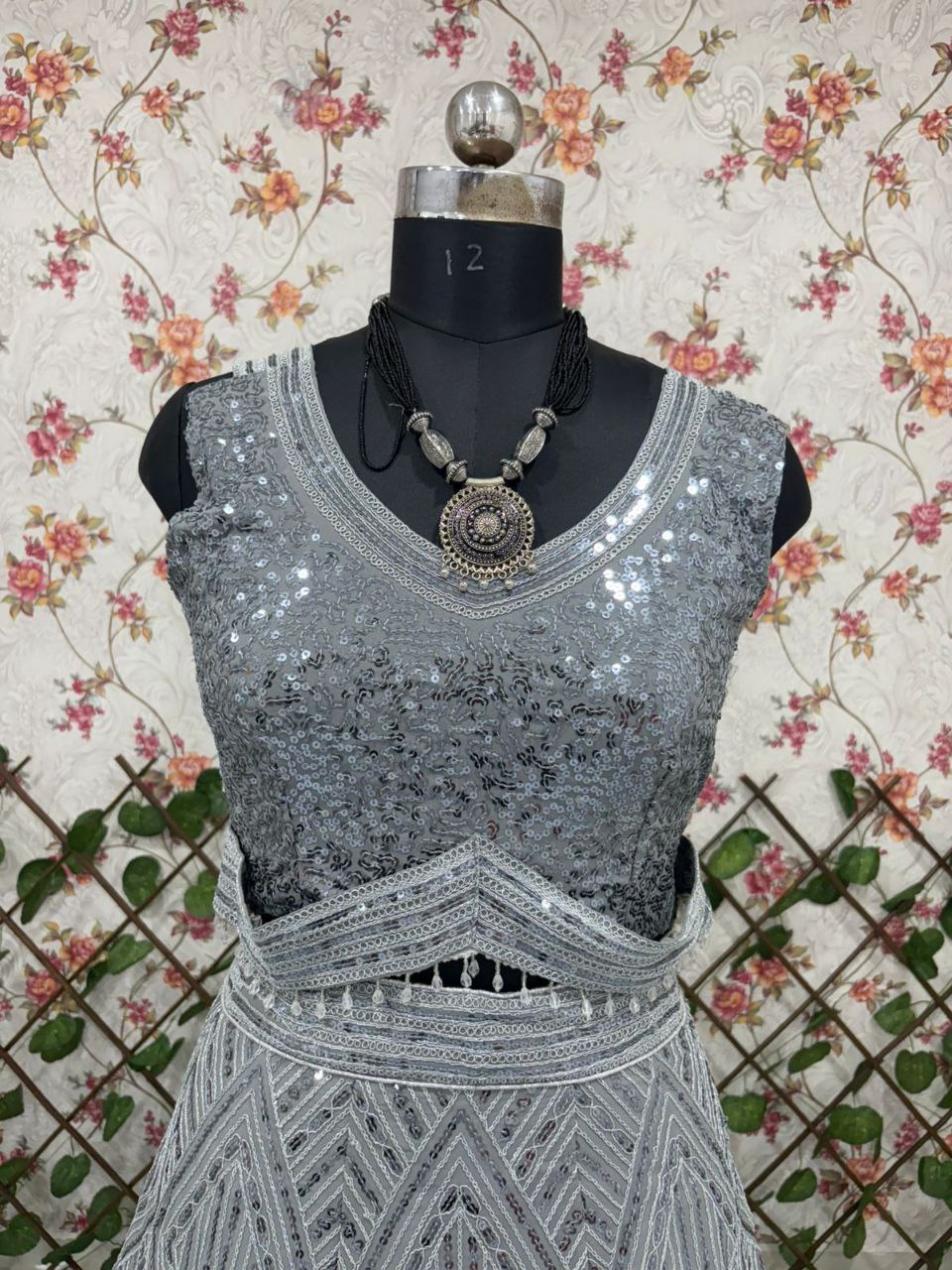 Steel Grey Georgette Heavy Sequence Work Long Lehenga Choli