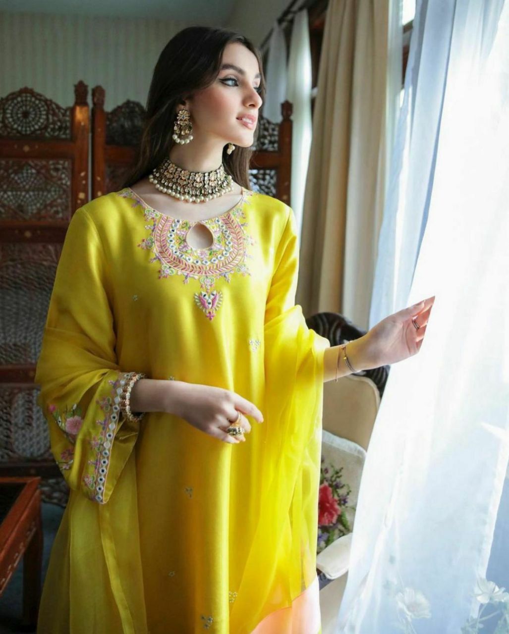 Straight Cut Lemon Yellow Georgette Semi Stitched Suit