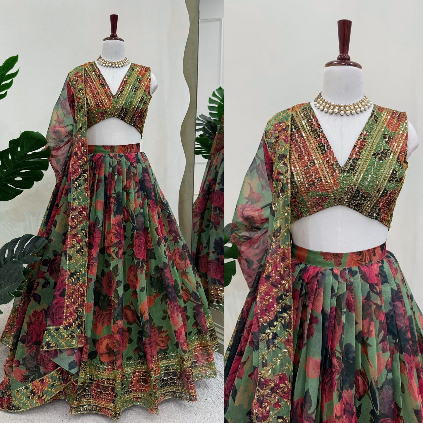 Green Digi Printed Tuby Organza Silk Lehenga Choli