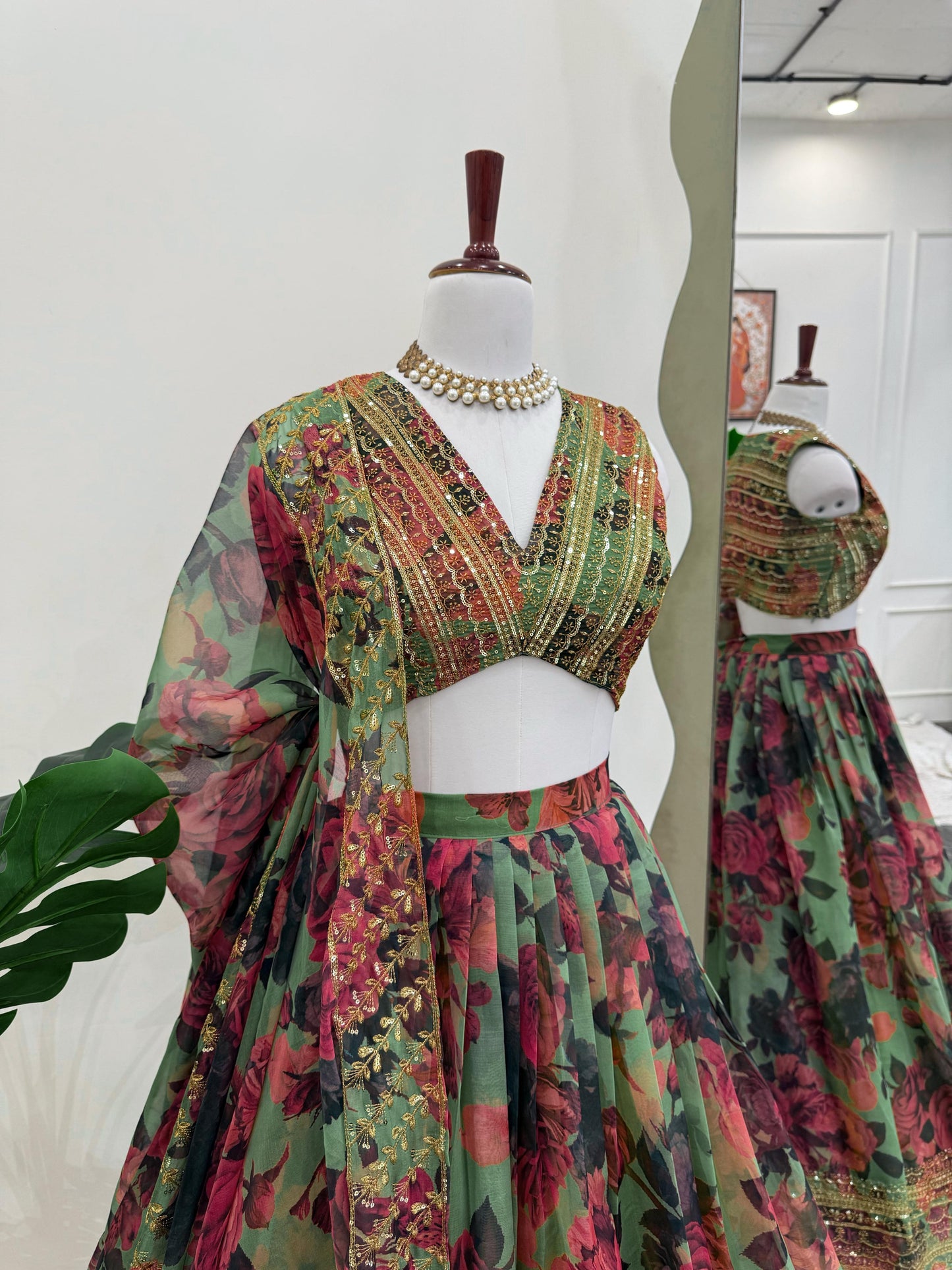 Green Digi Printed Tuby Organza Silk Lehenga Choli