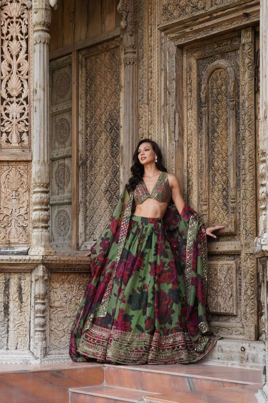 Green Digi Printed Tuby Organza Silk Lehenga Choli