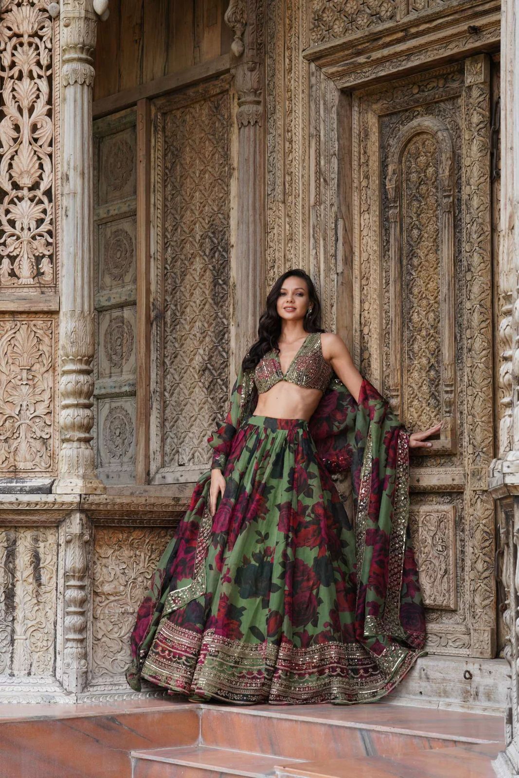 Green Digi Printed Tuby Organza Silk Lehenga Choli