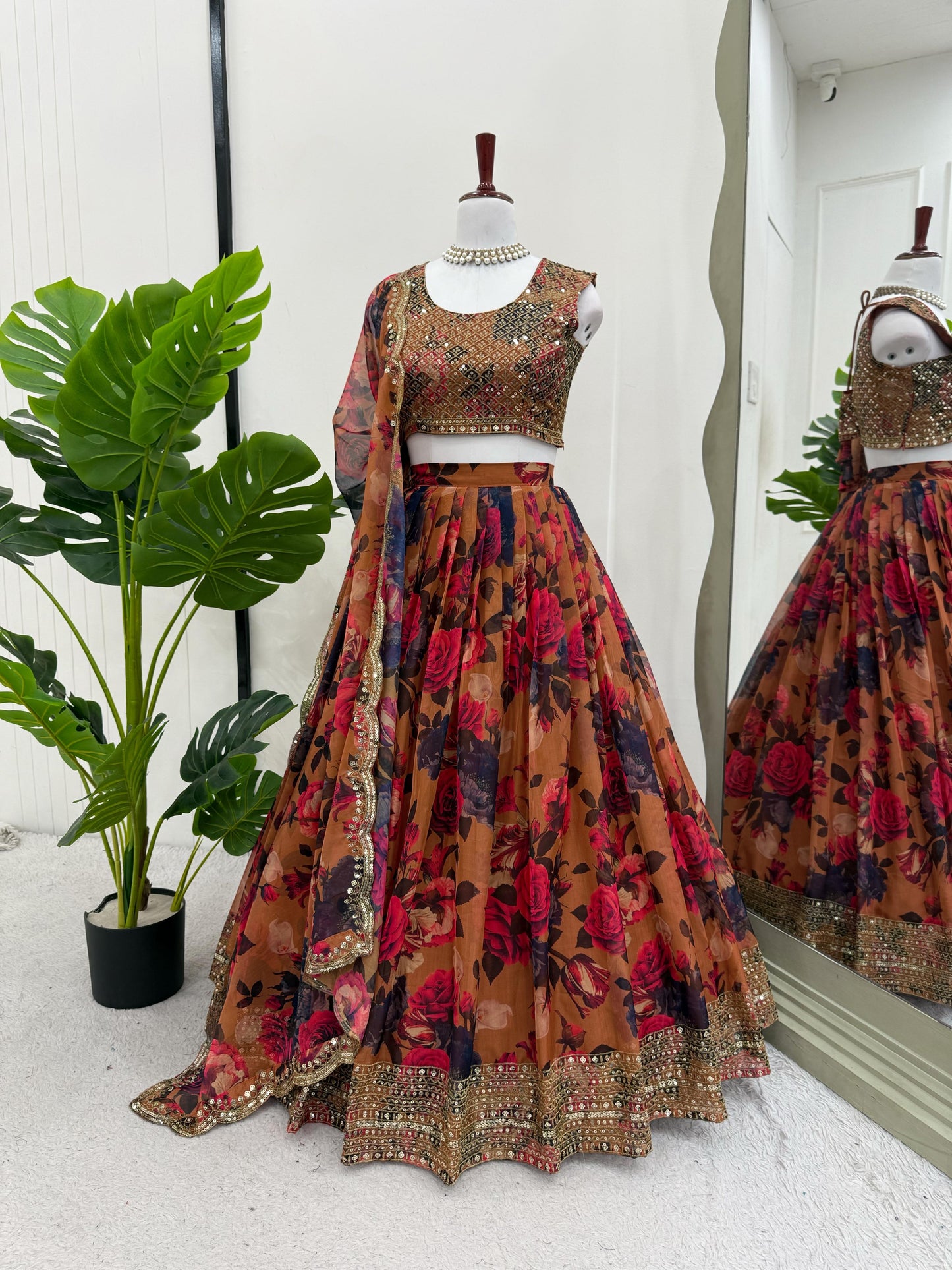 Rust Color Digi Printed Tuby Organza Silk Lehenga Choli