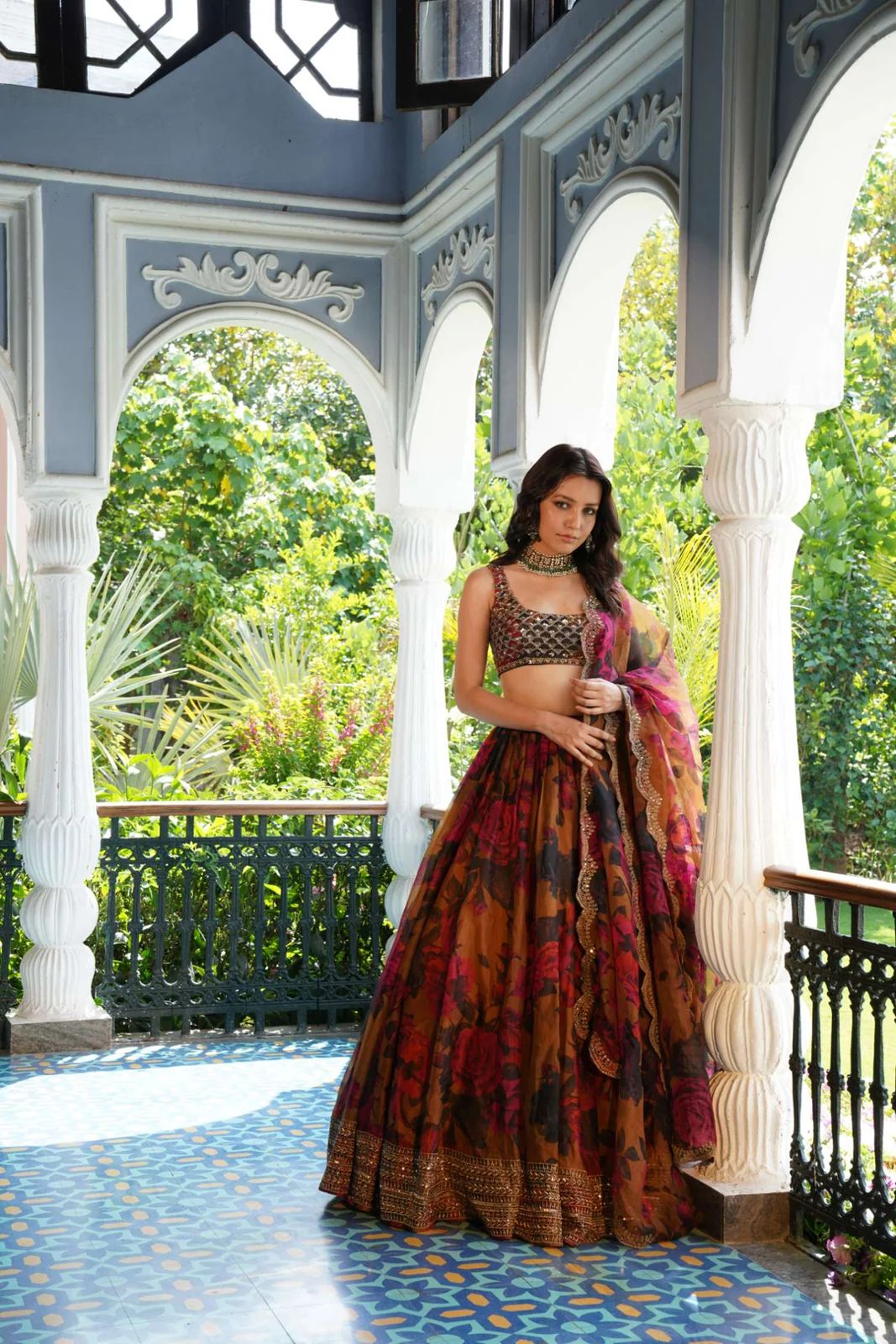 Rust Color Digi Printed Tuby Organza Silk Lehenga Choli