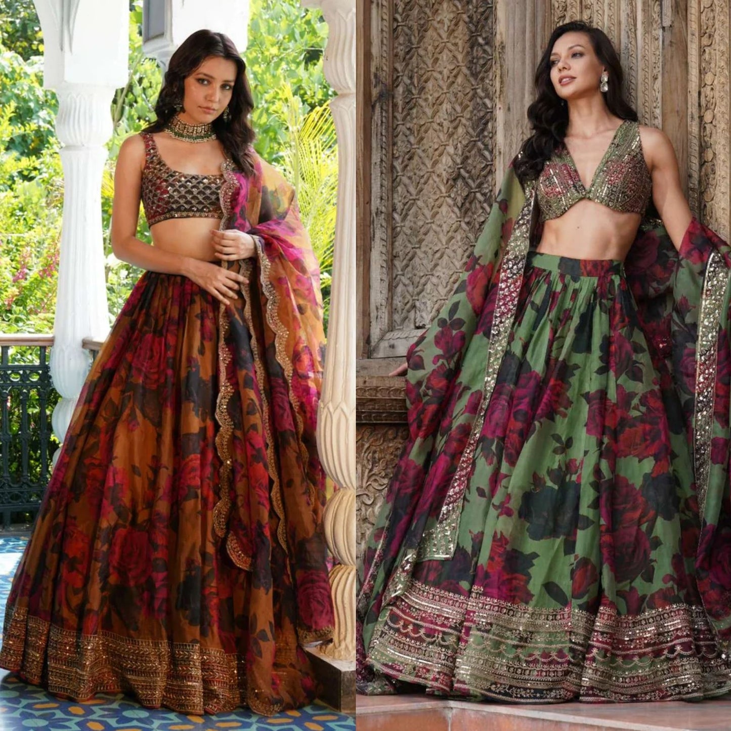 Rust Color Digi Printed Tuby Organza Silk Lehenga Choli