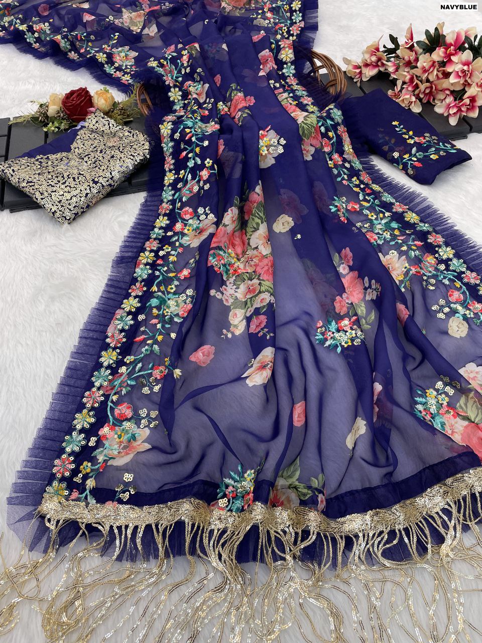 Tuby Organza Silk Print With Heavy Zalar & Frill on Saree of Pallu