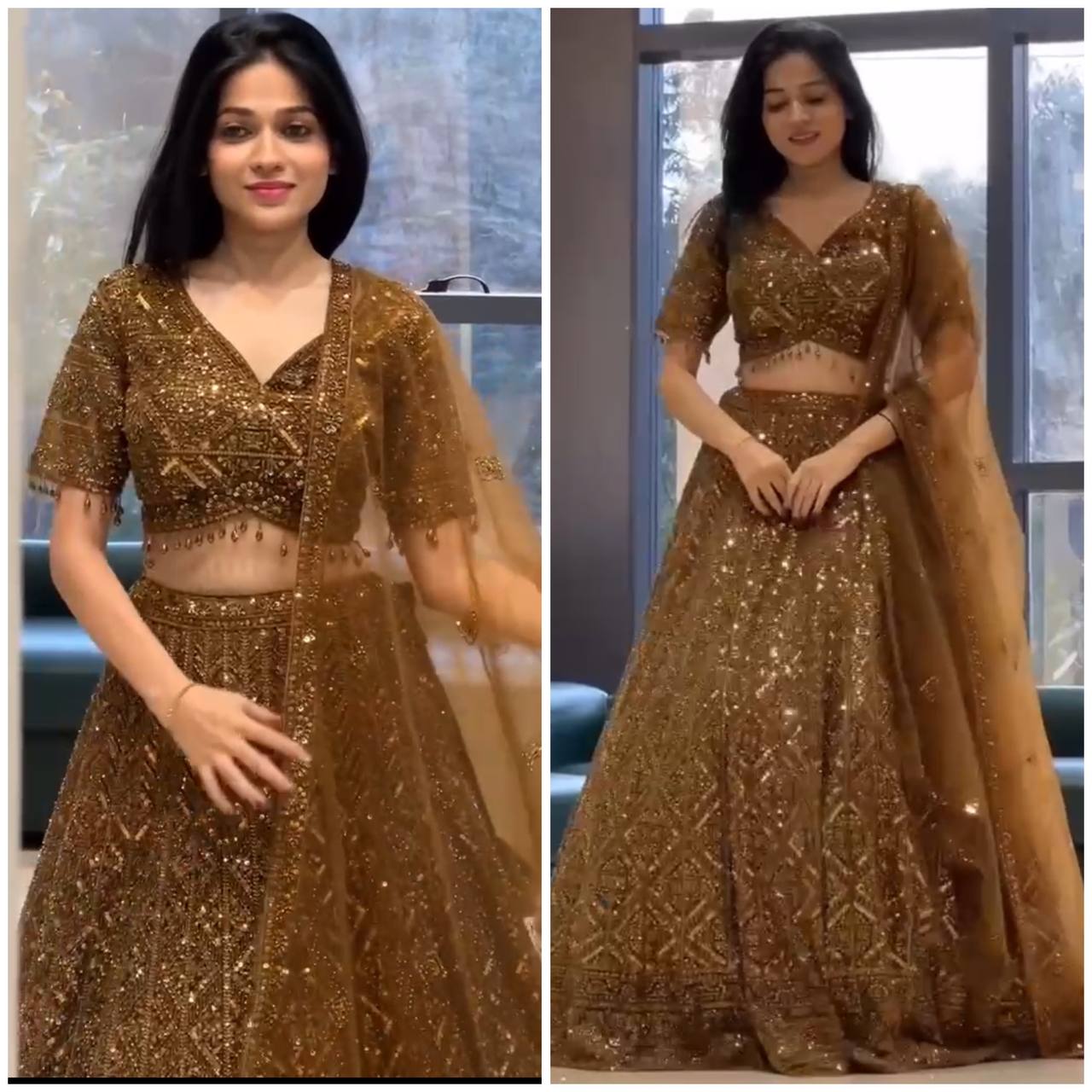 Rust Color Sequence Work Soft Net Lehenga Choli