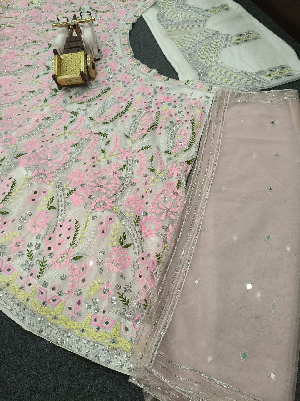 Pink Thread Floral Work White Semi Stitched Lehenga Choli