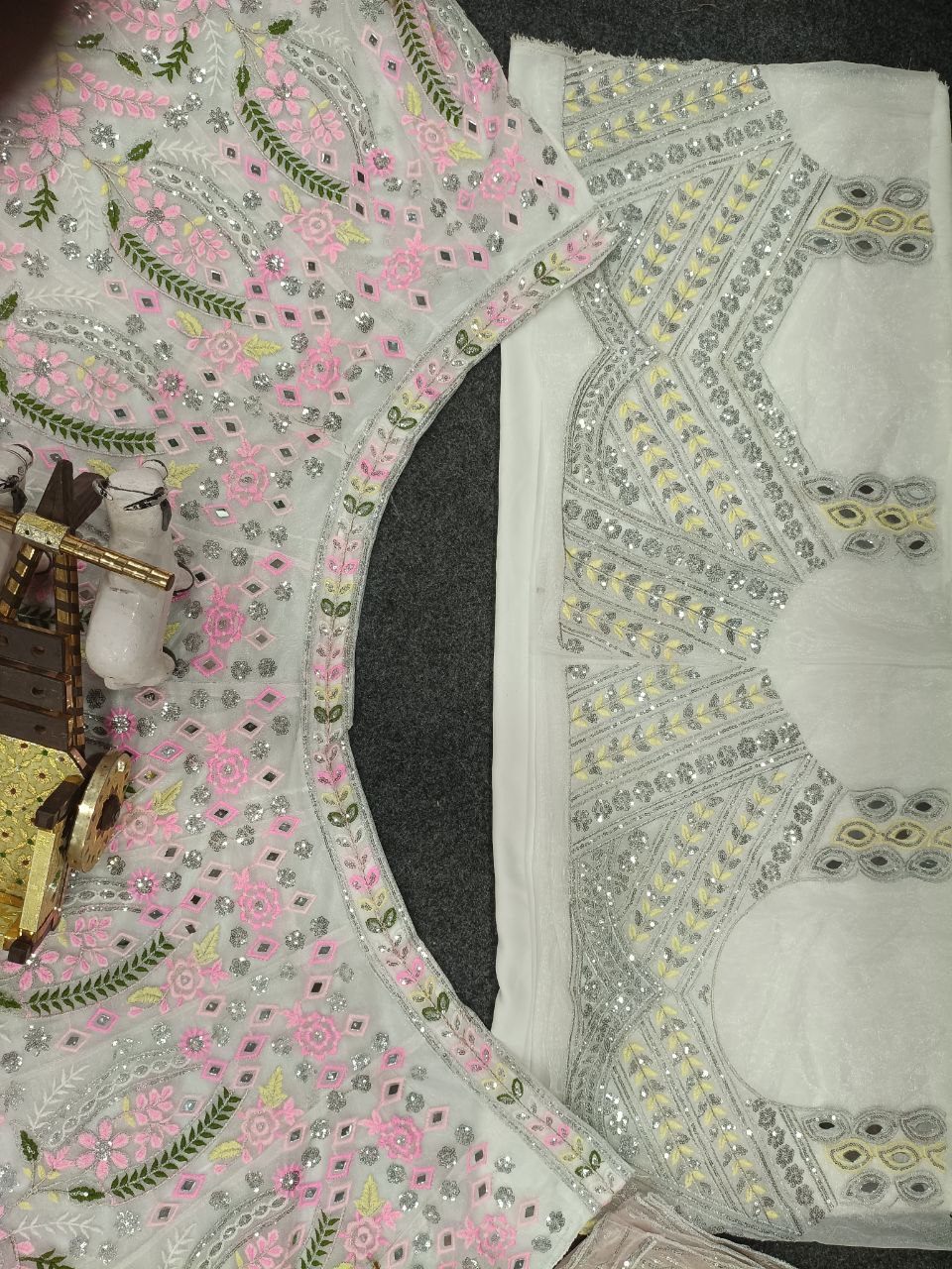 Pink Thread Floral Work White Semi Stitched Lehenga Choli