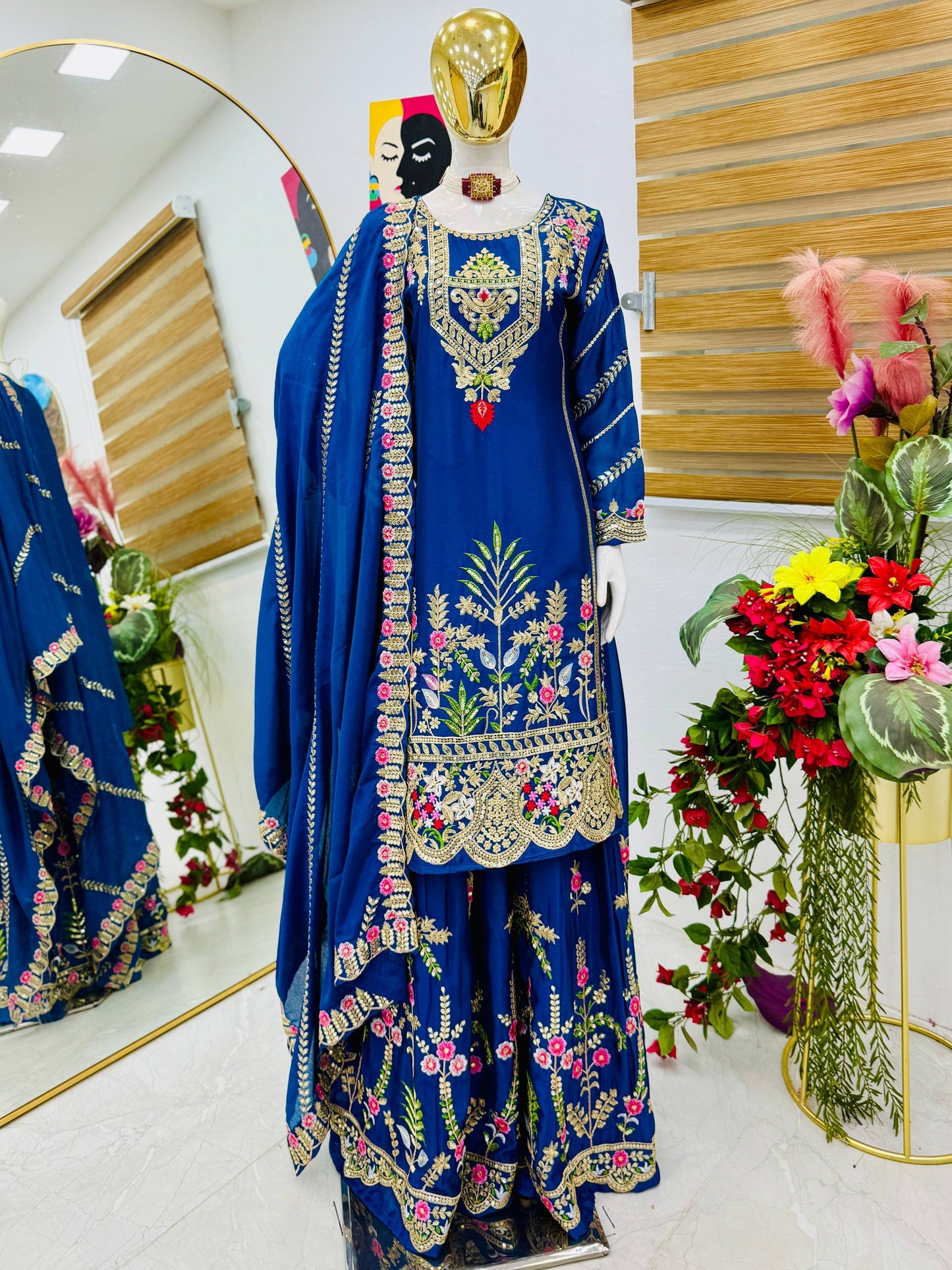 Wedding Wear Chinon Silk Embroidered Sharara Suit with Dupatta
