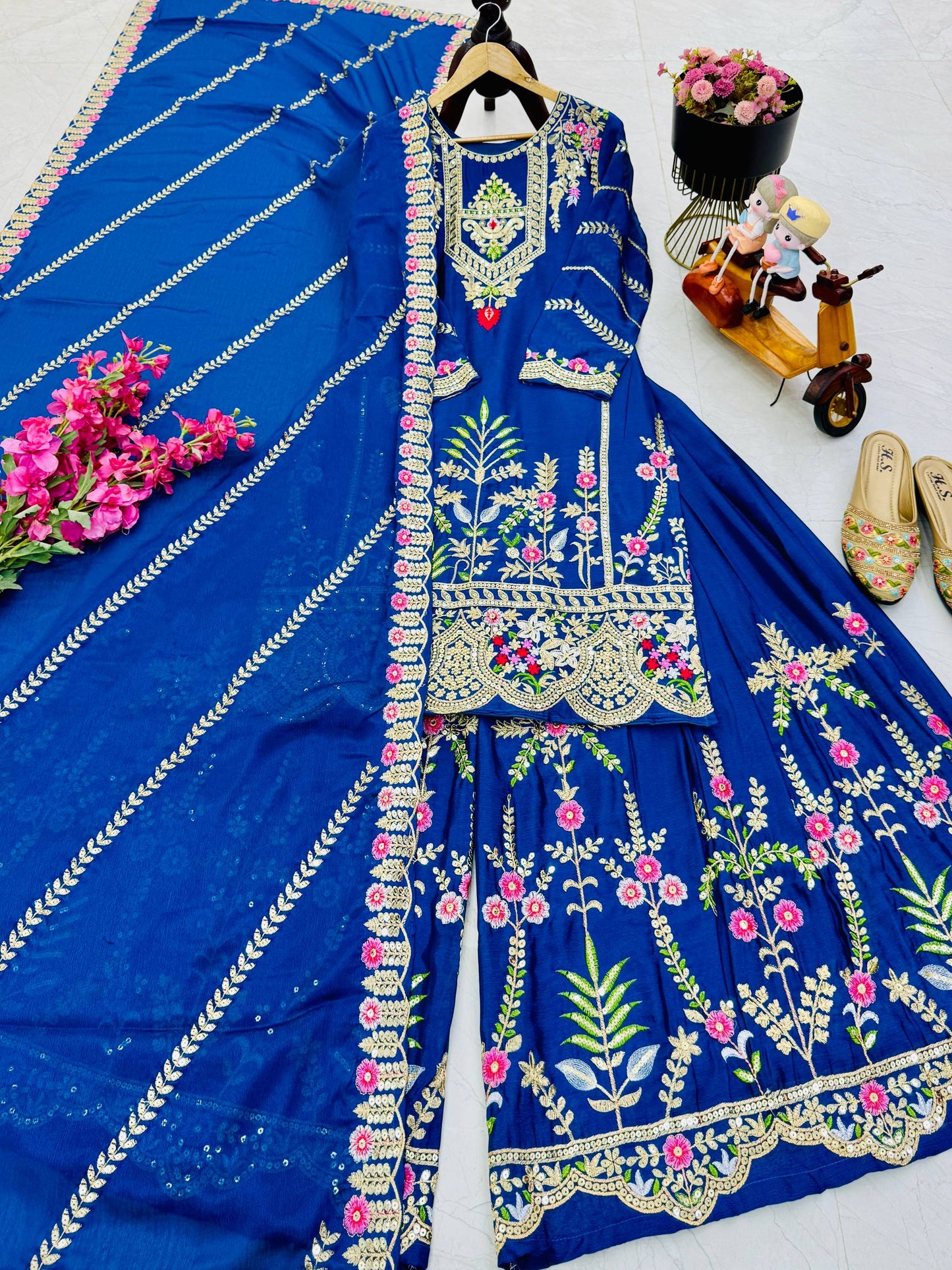 Wedding Wear Chinon Silk Embroidered Sharara Suit with Dupatta