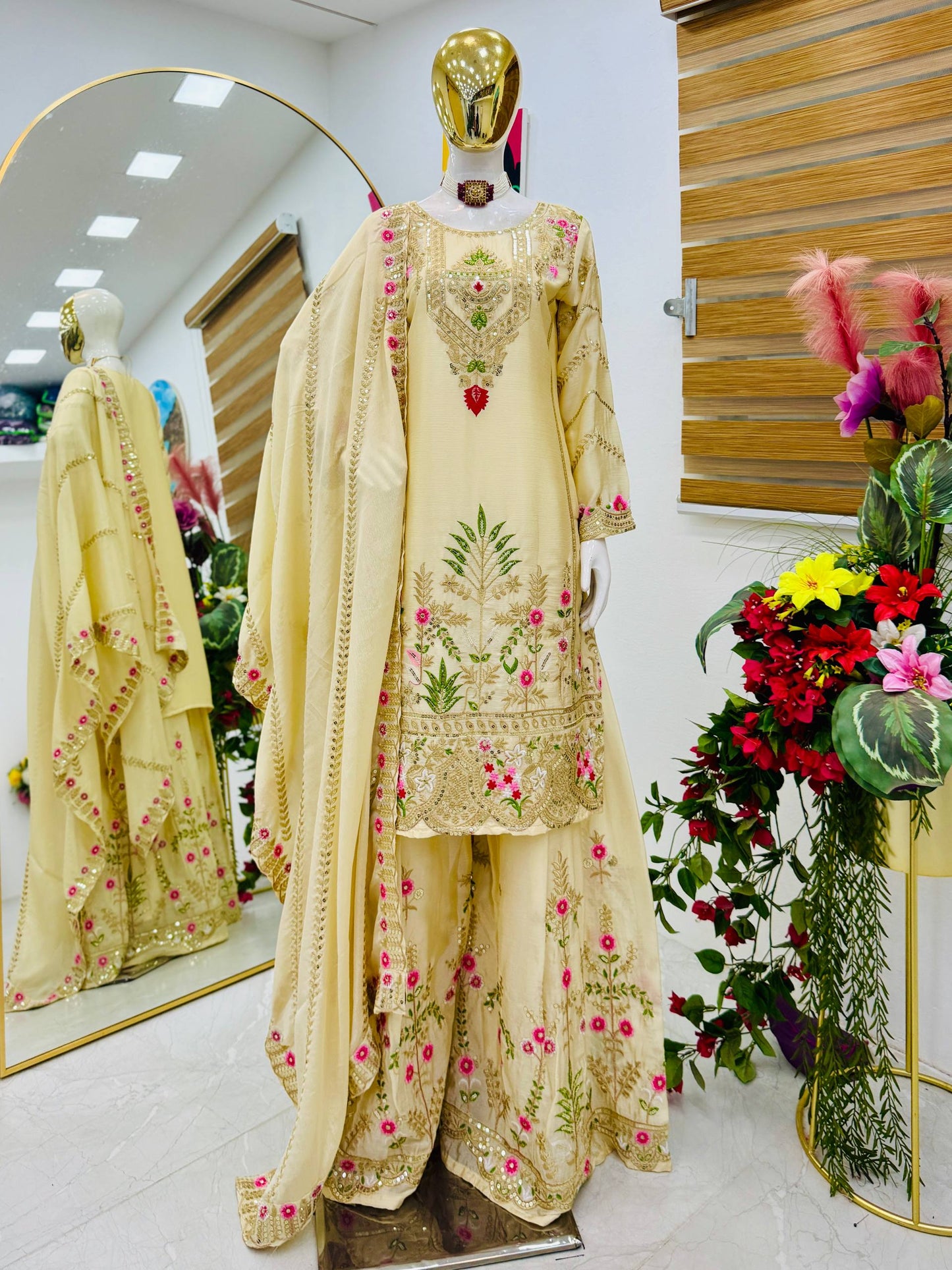 Wedding Wear Chinon Silk Embroidered Sharara Suit with Dupatta