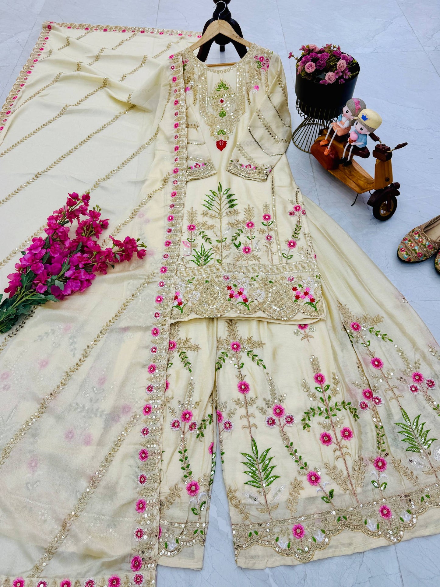 Wedding Wear Chinon Silk Embroidered Sharara Suit with Dupatta