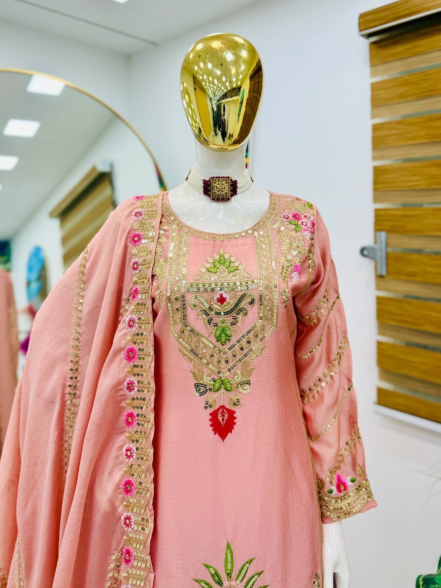 Wedding Wear Chinon Silk Embroidered Sharara Suit with Dupatta