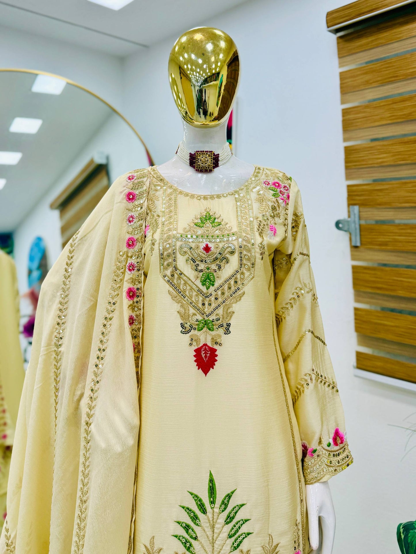 Wedding Wear Chinon Silk Embroidered Sharara Suit with Dupatta