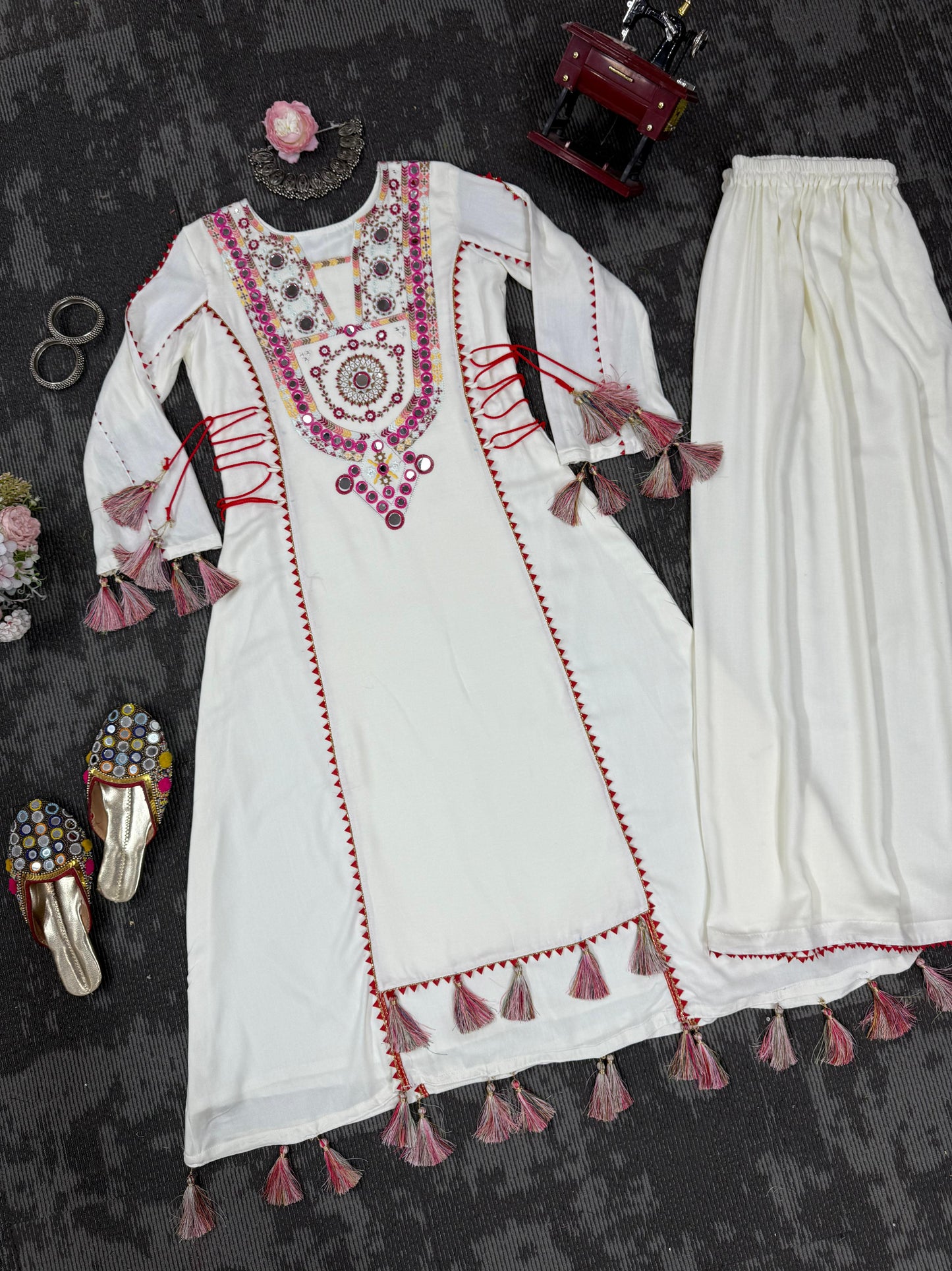 Elegant White Peplum Set with Mirror and Tassel