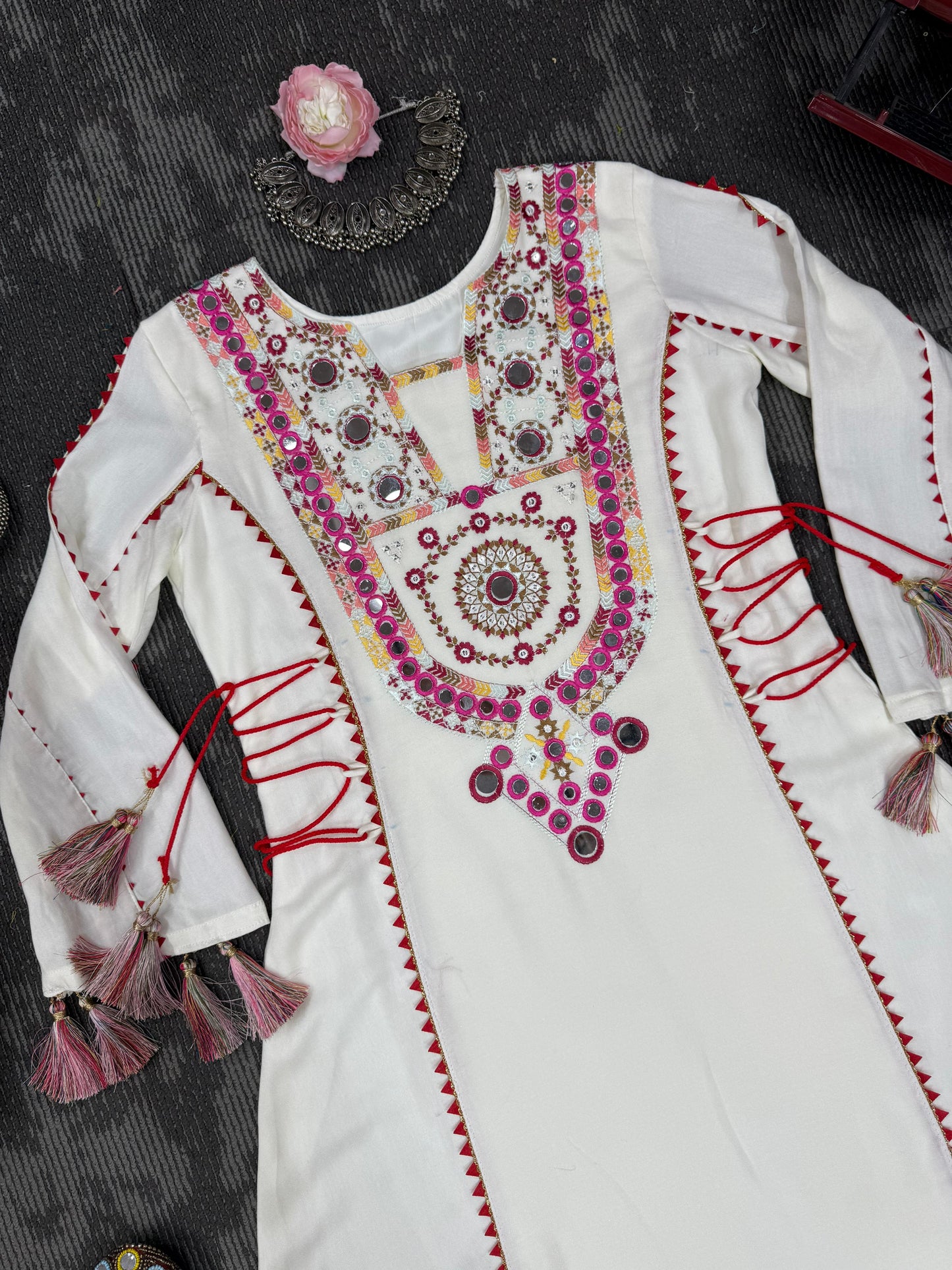 Elegant White Peplum Set with Mirror and Tassel