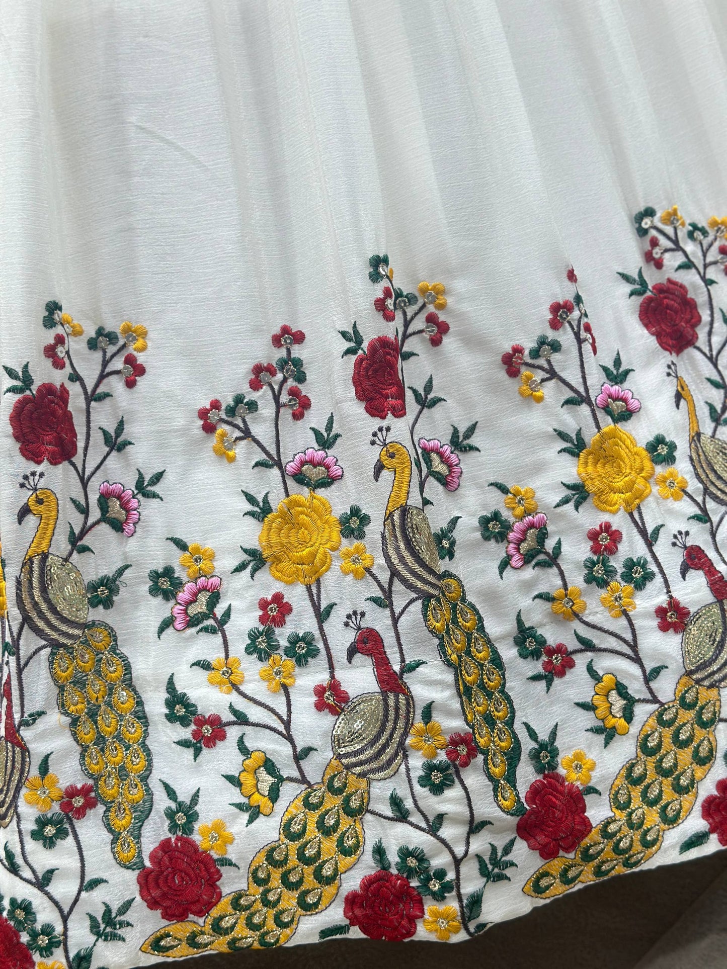 White Color Chinon Silk Thread Peacock Embroidered Lehenga Choli