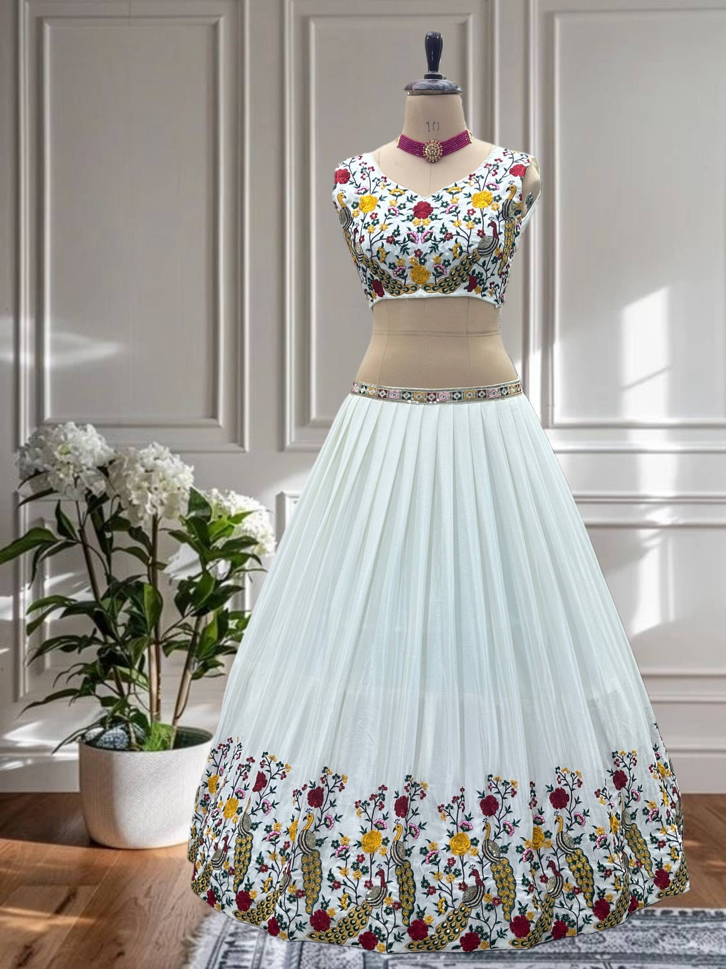 White Color Chinon Silk Thread Peacock Embroidered Lehenga Choli