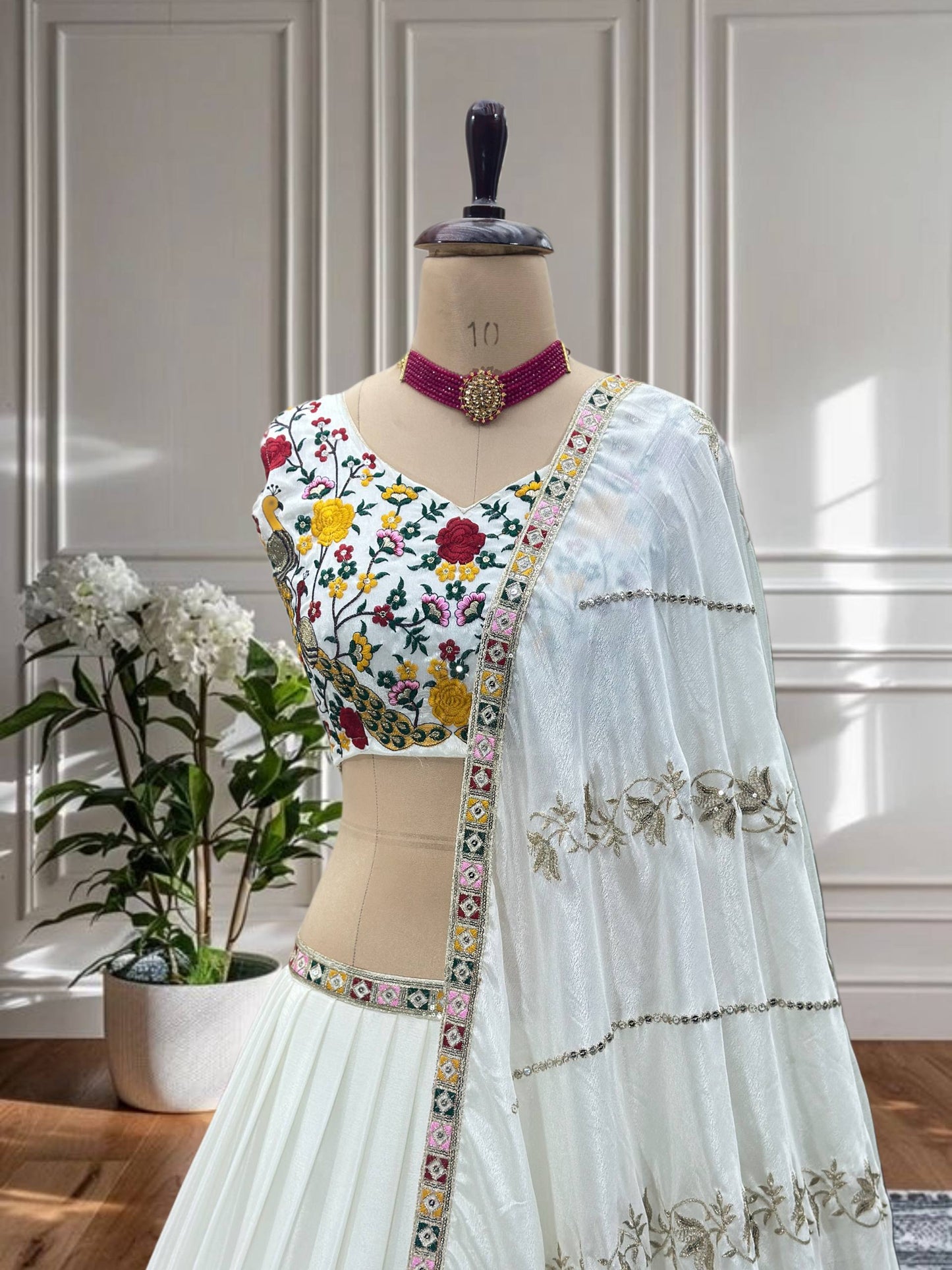 White Color Chinon Silk Thread Peacock Embroidered Lehenga Choli