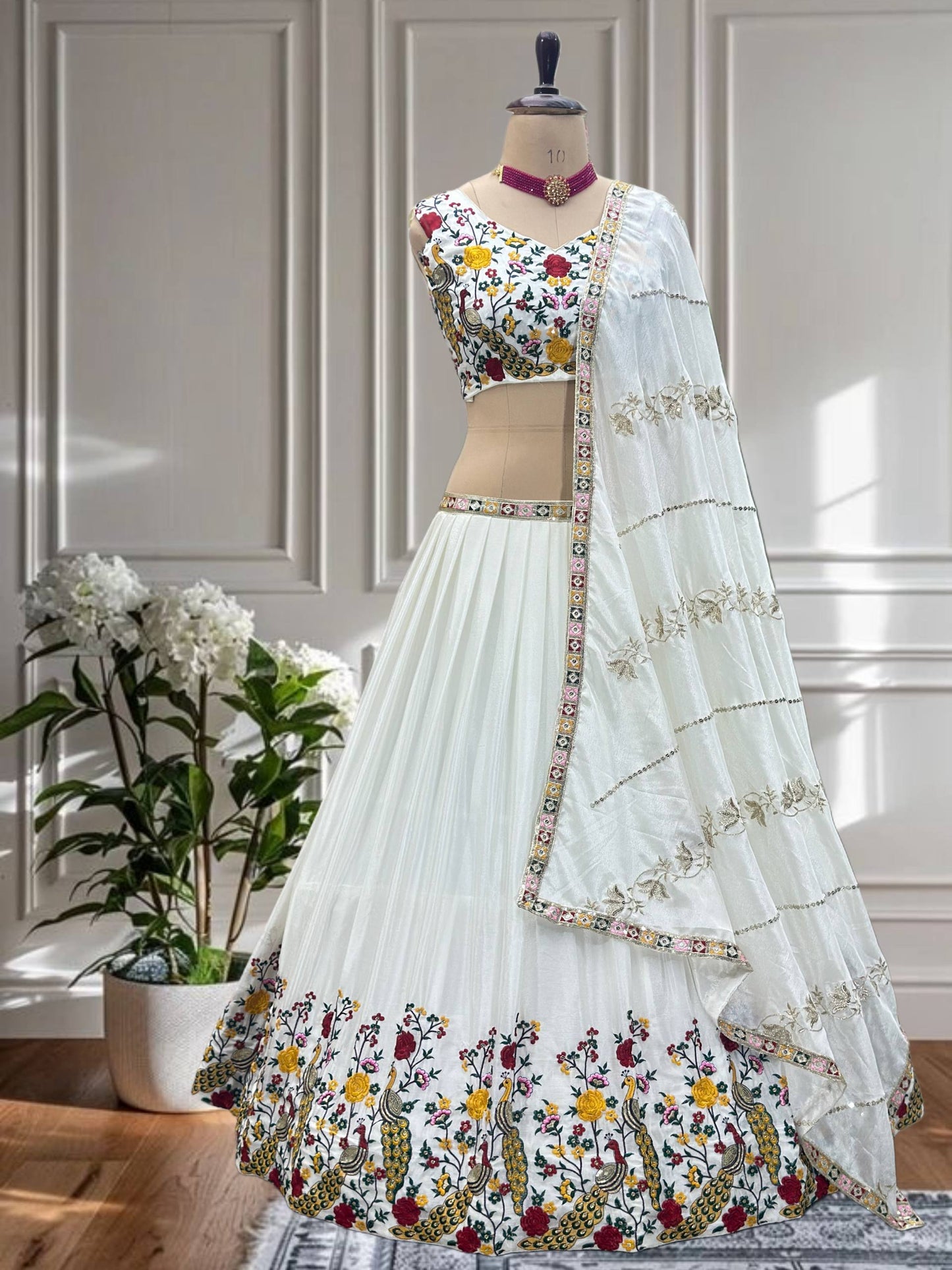 White Color Chinon Silk Thread Peacock Embroidered Lehenga Choli