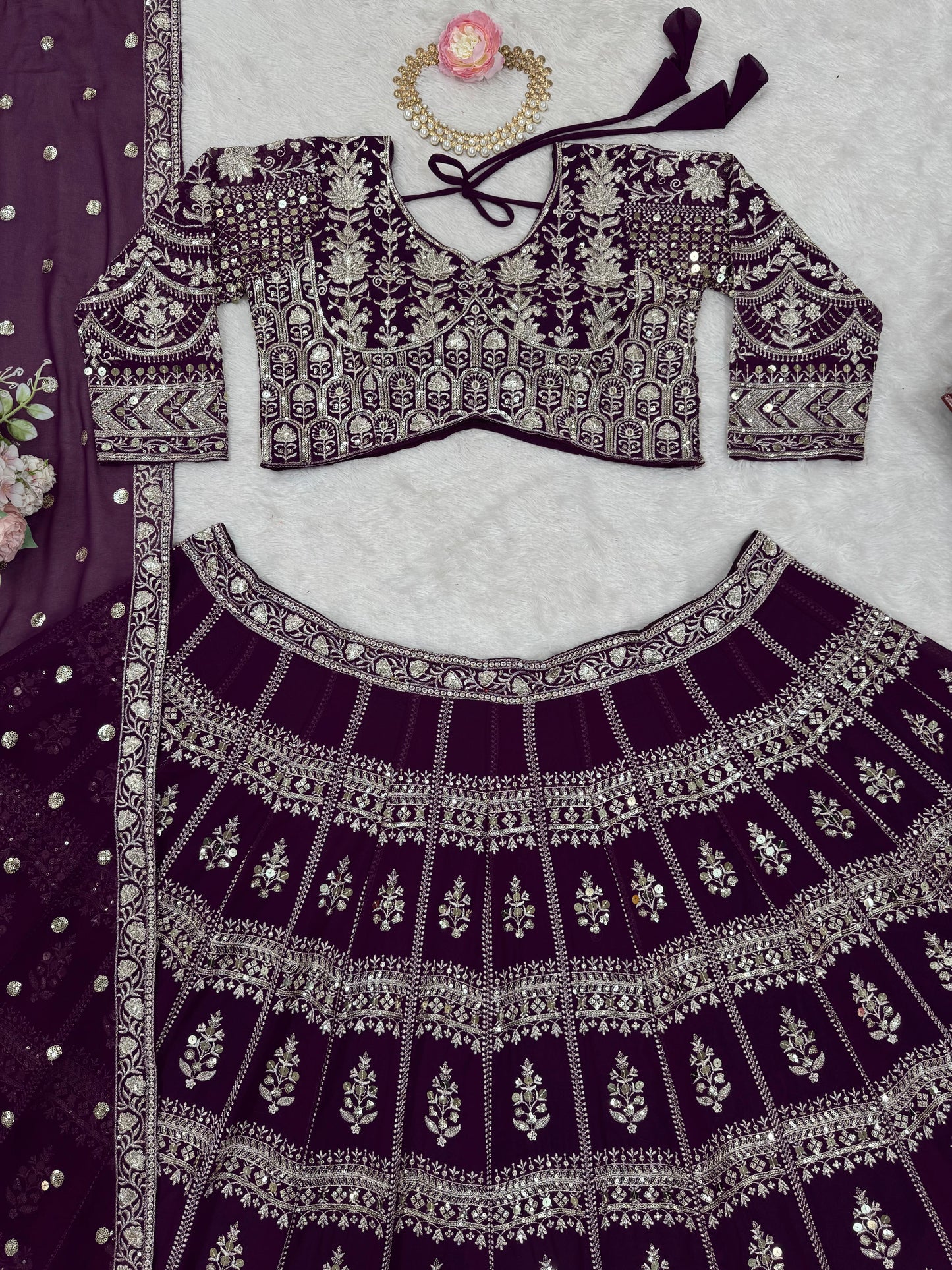 Wine Color Georgette Heavy Work Lehenga Choli For Any Function