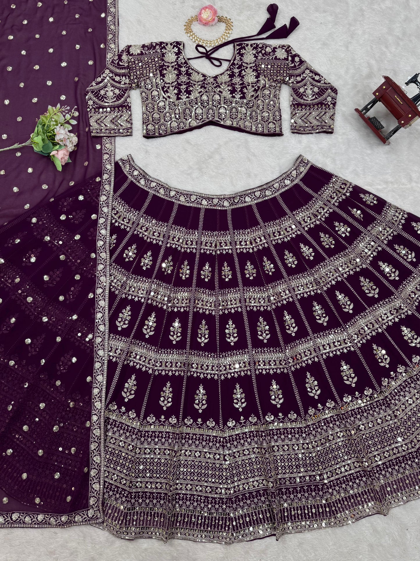 Wine Color Georgette Heavy Work Lehenga Choli For Any Function