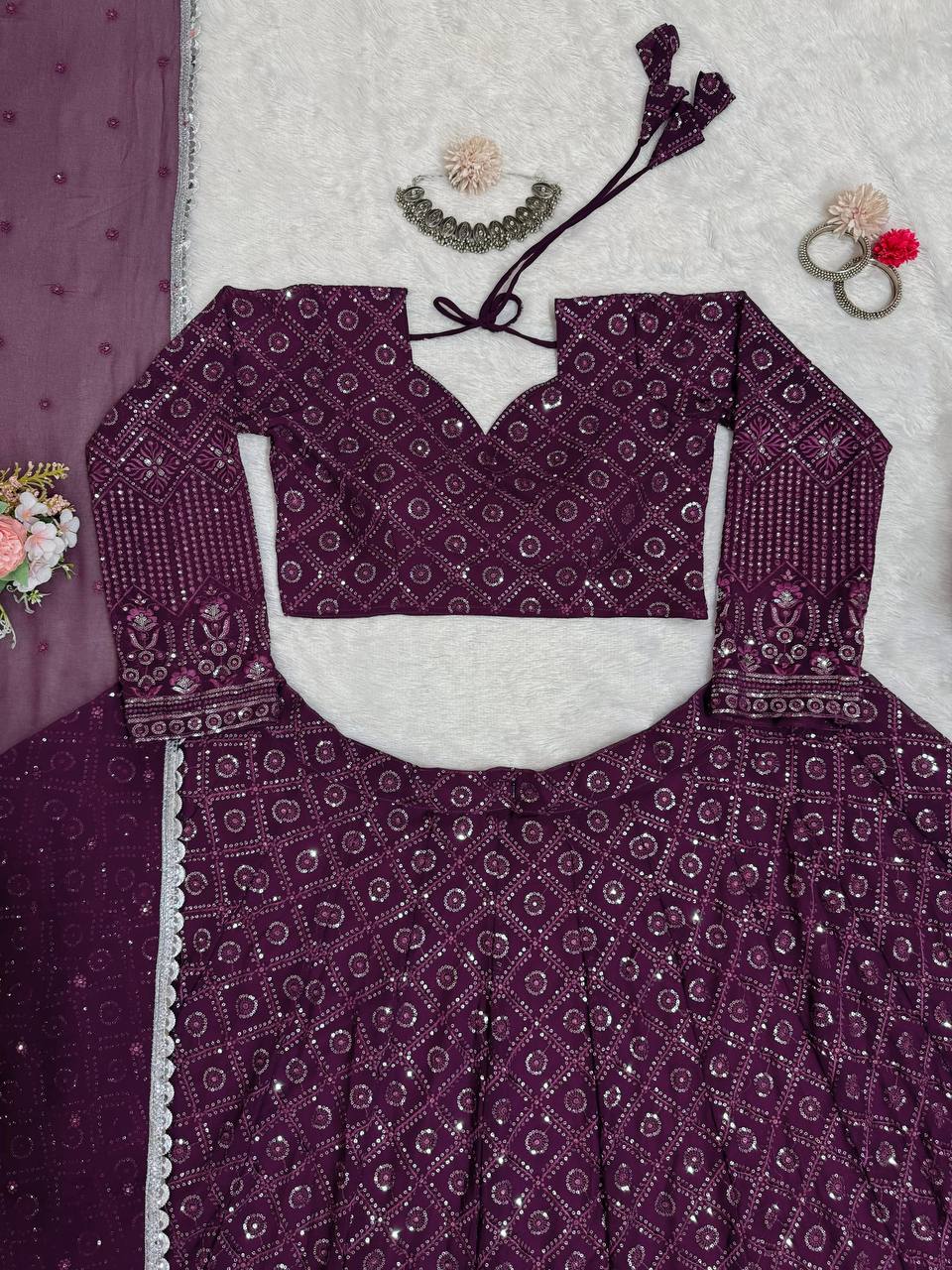 Wine Color Georgette Wedding Wear Lehenga Choli