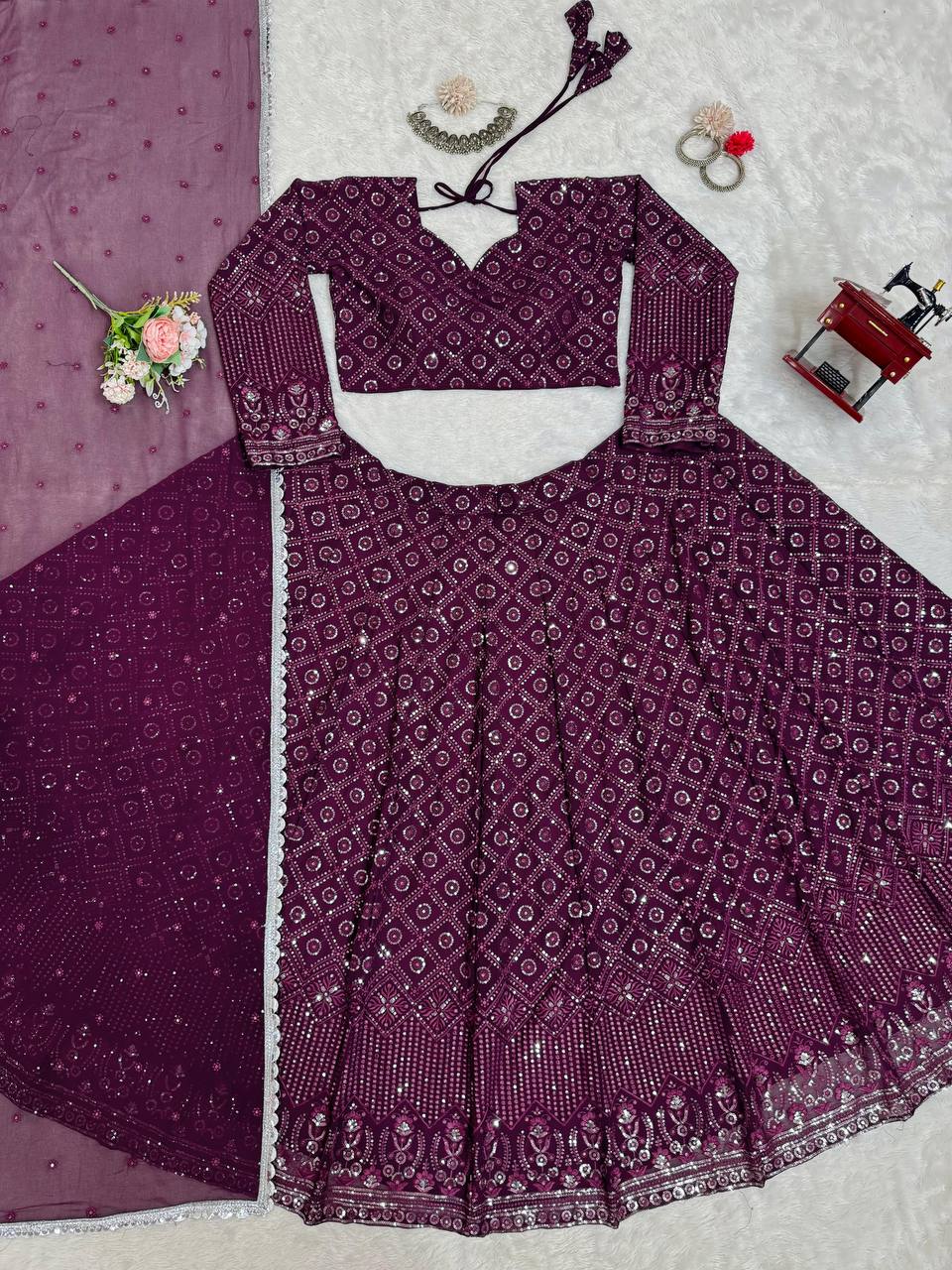Wine Color Georgette Wedding Wear Lehenga Choli