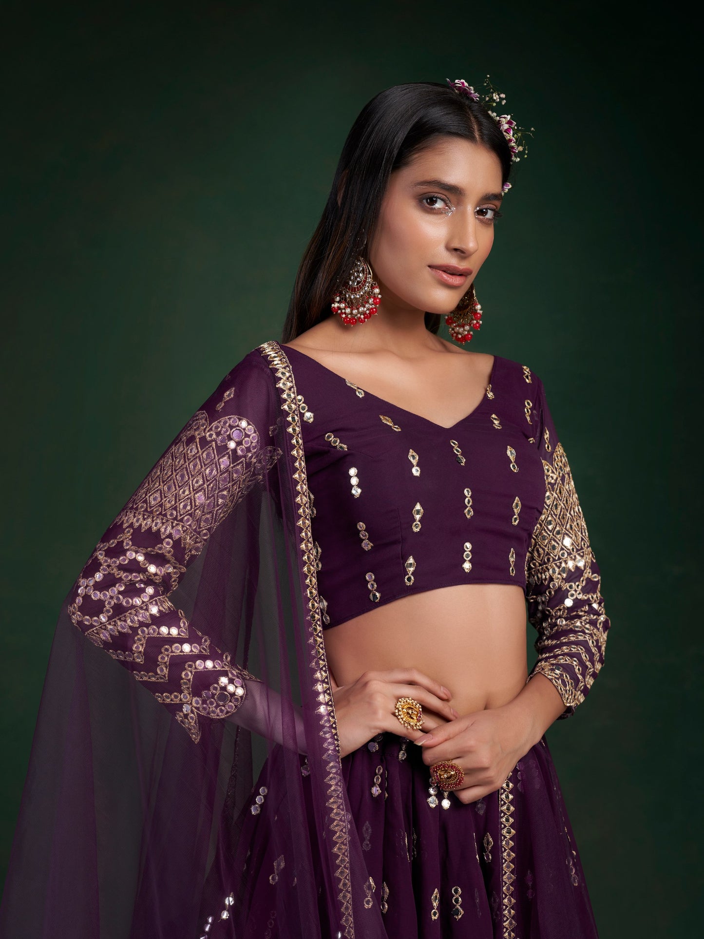Wine Color Georgette Zari Sequence Embroidered Lehenga Choli