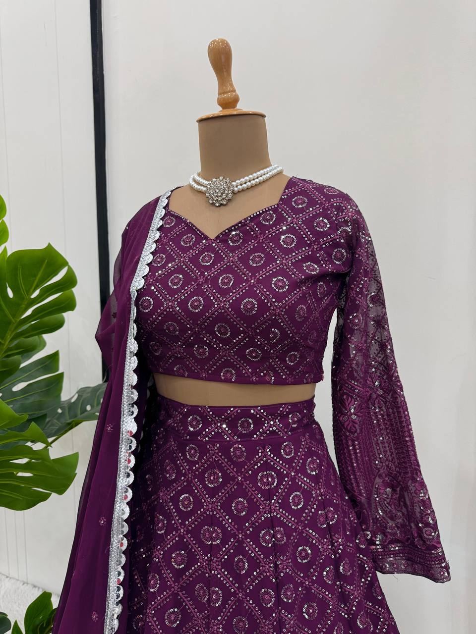 Wine Color Georgette Wedding Wear Lehenga Choli