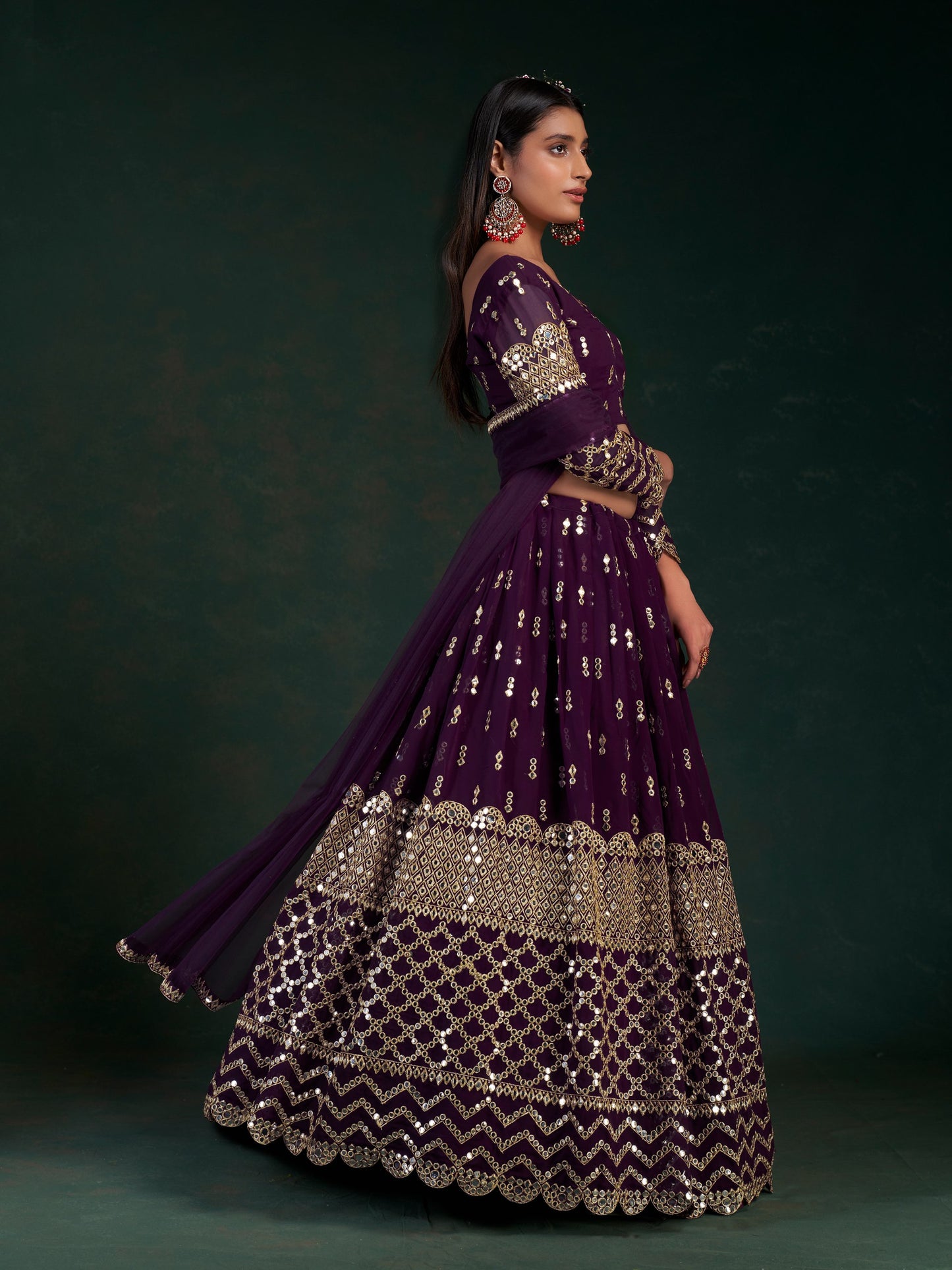 Wine Color Georgette Zari Sequence Embroidered Lehenga Choli