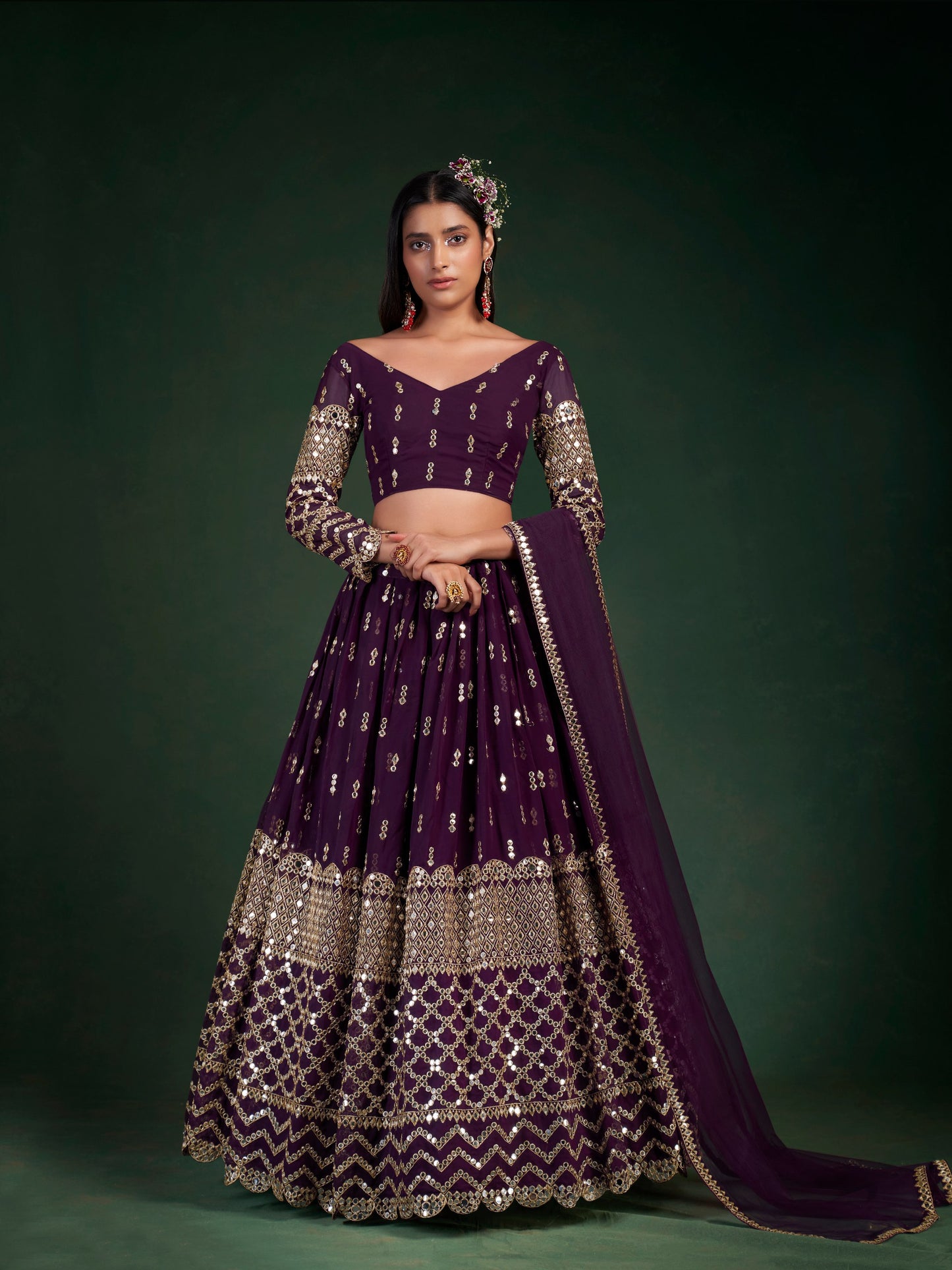 Wine Color Georgette Zari Sequence Embroidered Lehenga Choli