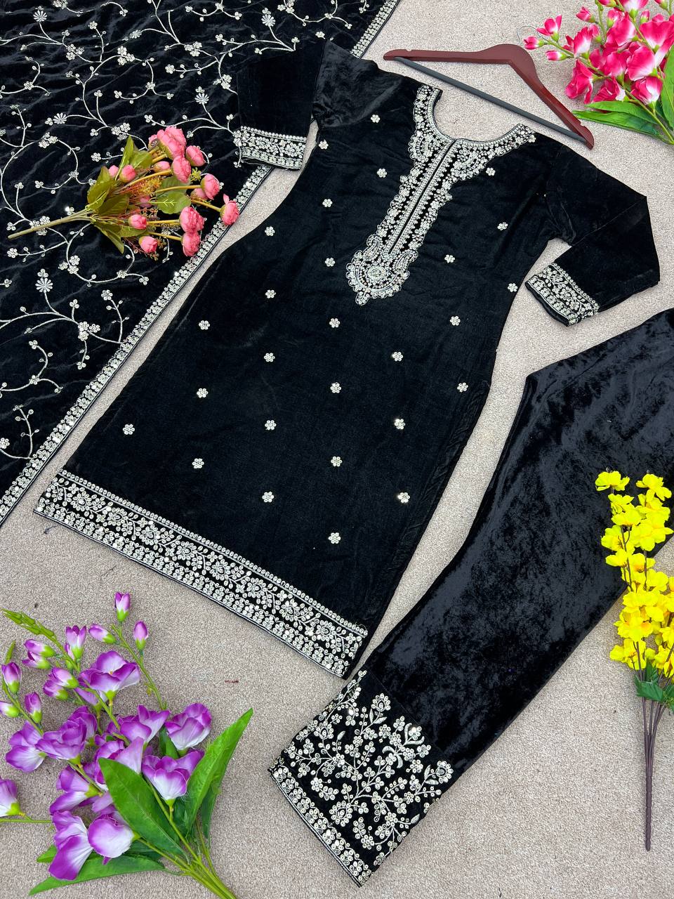 Party Wear Black Velvet Ready to Wear Salwar Suit