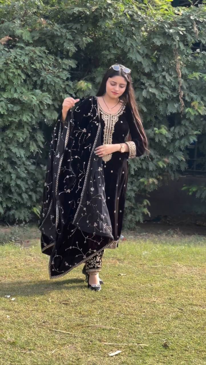 Party Wear Black Velvet Ready to Wear Salwar Suit