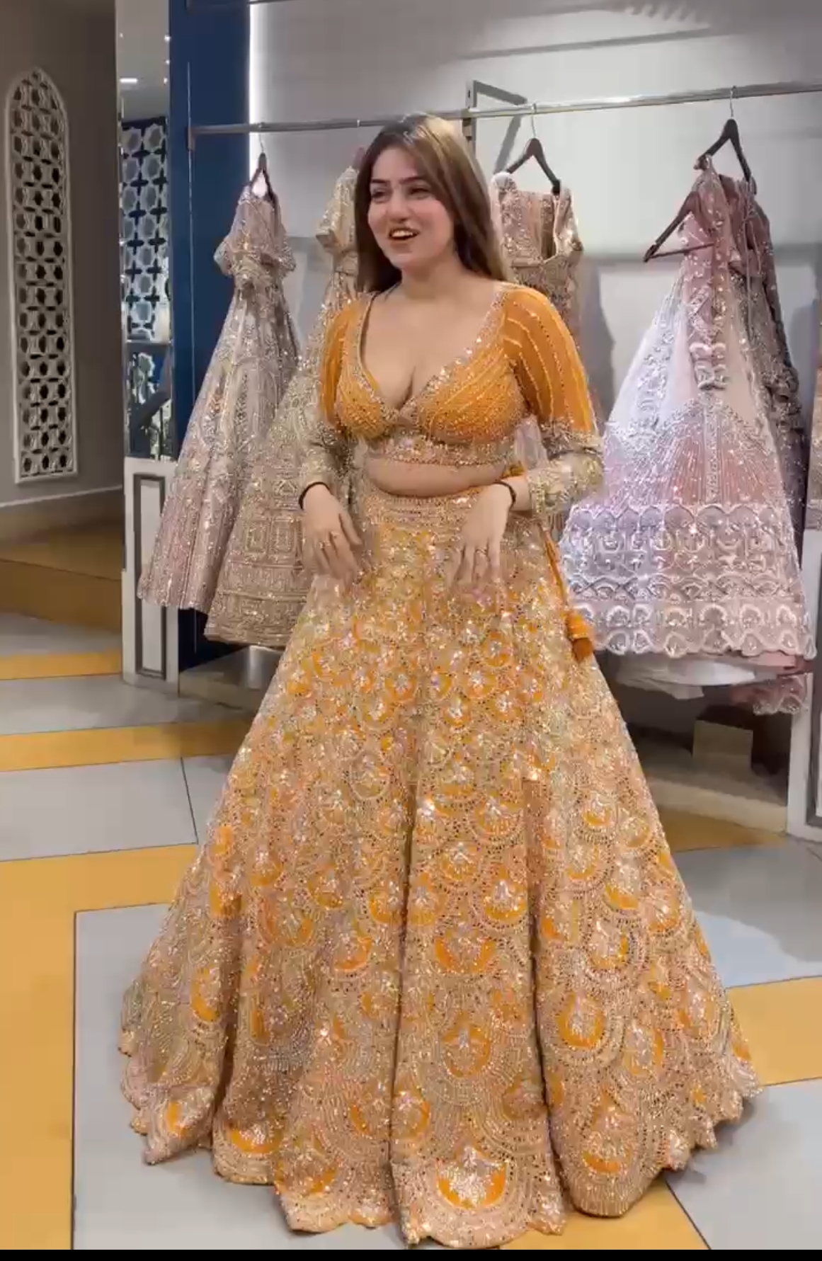 Real Mirror Work Yellow Color Georgette Semi Stitched Lehenga Choli