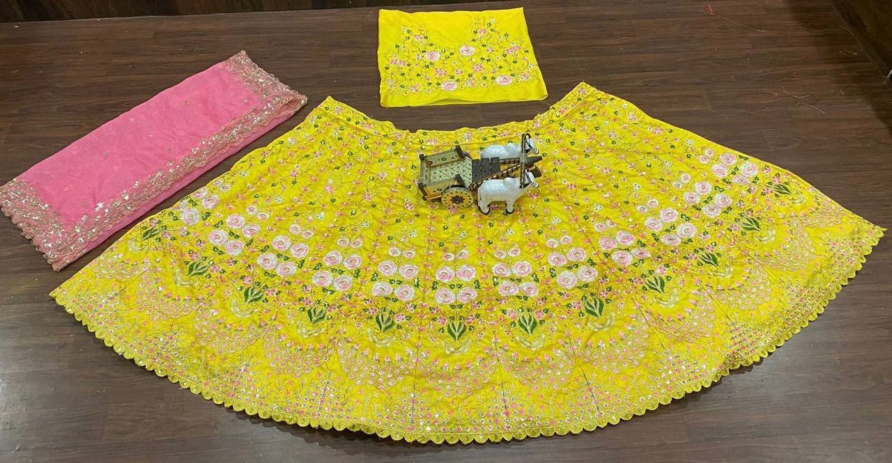 Mehndi Wear Satin Silk Semi Stitched Lehenga Choli