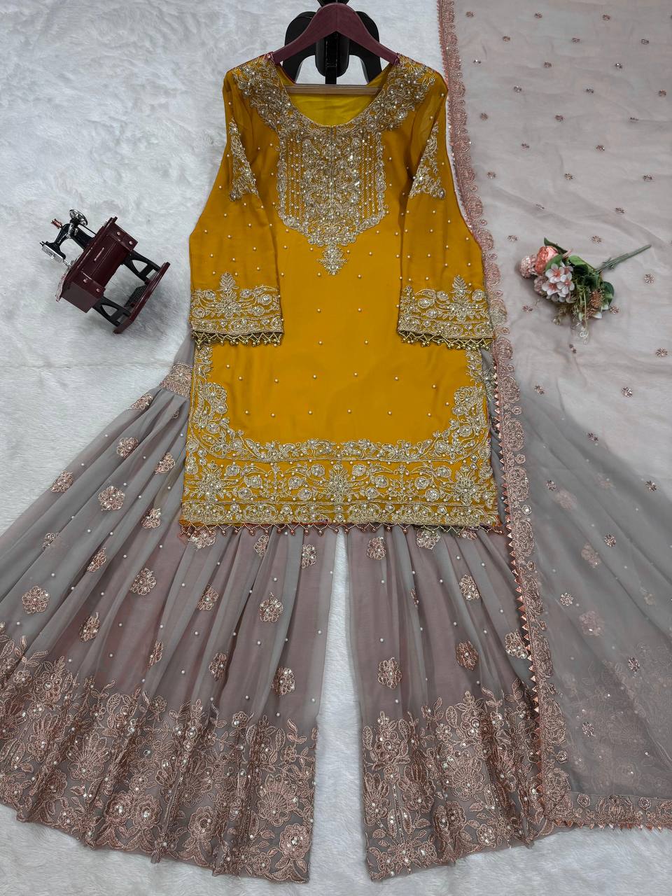 Mustard Color Georgette Embroiderd Full Stiched Sharara Suit