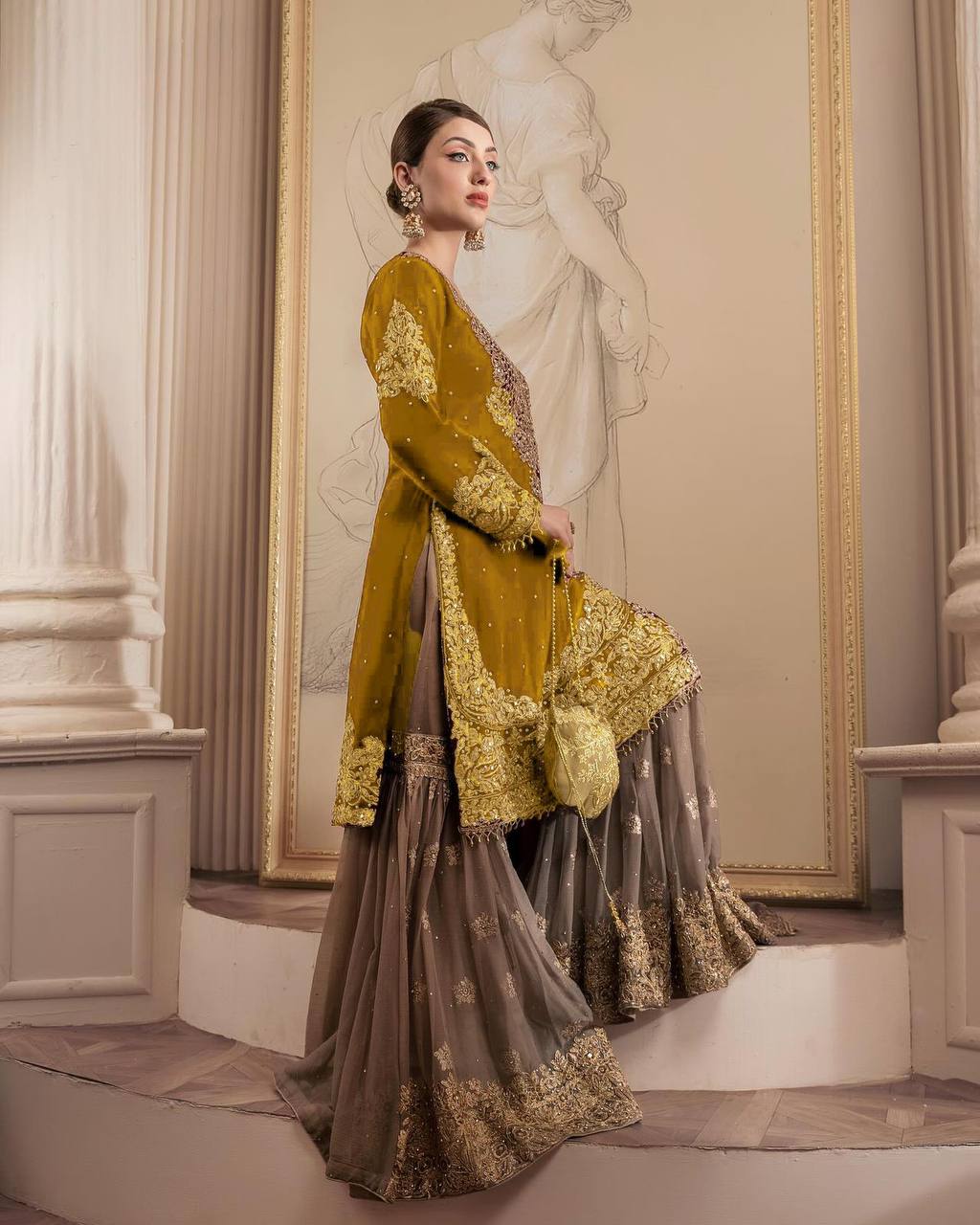 Mustard Color Georgette Embroiderd Full Stiched Sharara Suit