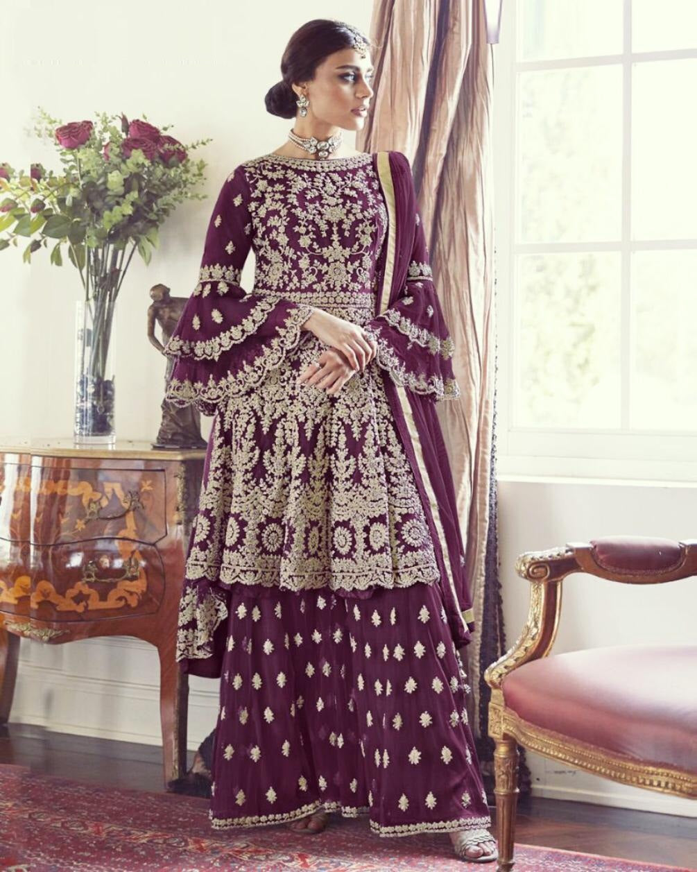 Party Wear Soft Net Embroidered Semi Stitched Plazo Sharara Salwar - Main Image
