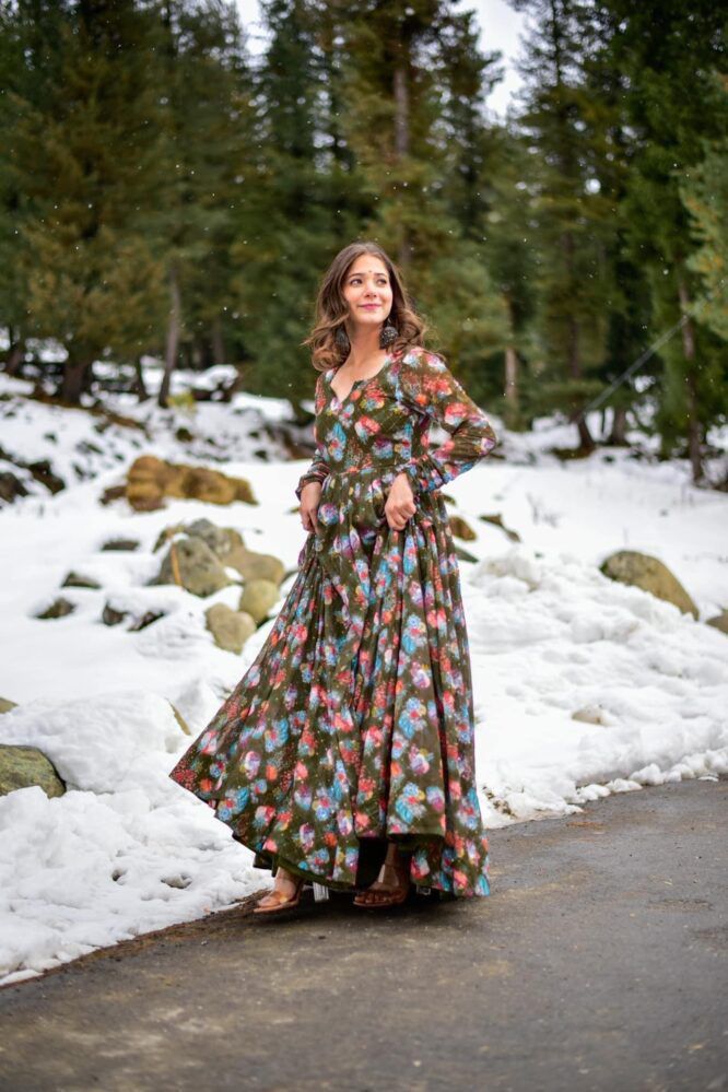Flower Printed Full Stiched Georgette Gown With Fancy Latkan