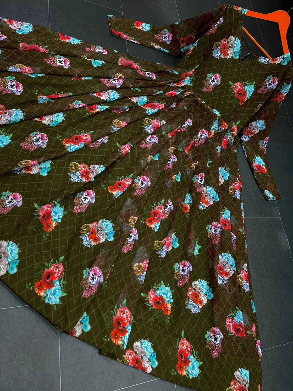 Flower Printed Full Stiched Georgette Gown With Fancy Latkan