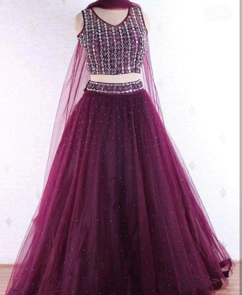 Party Wear Net Moti Worked Lehanga With Real Mirror Worked Blouse