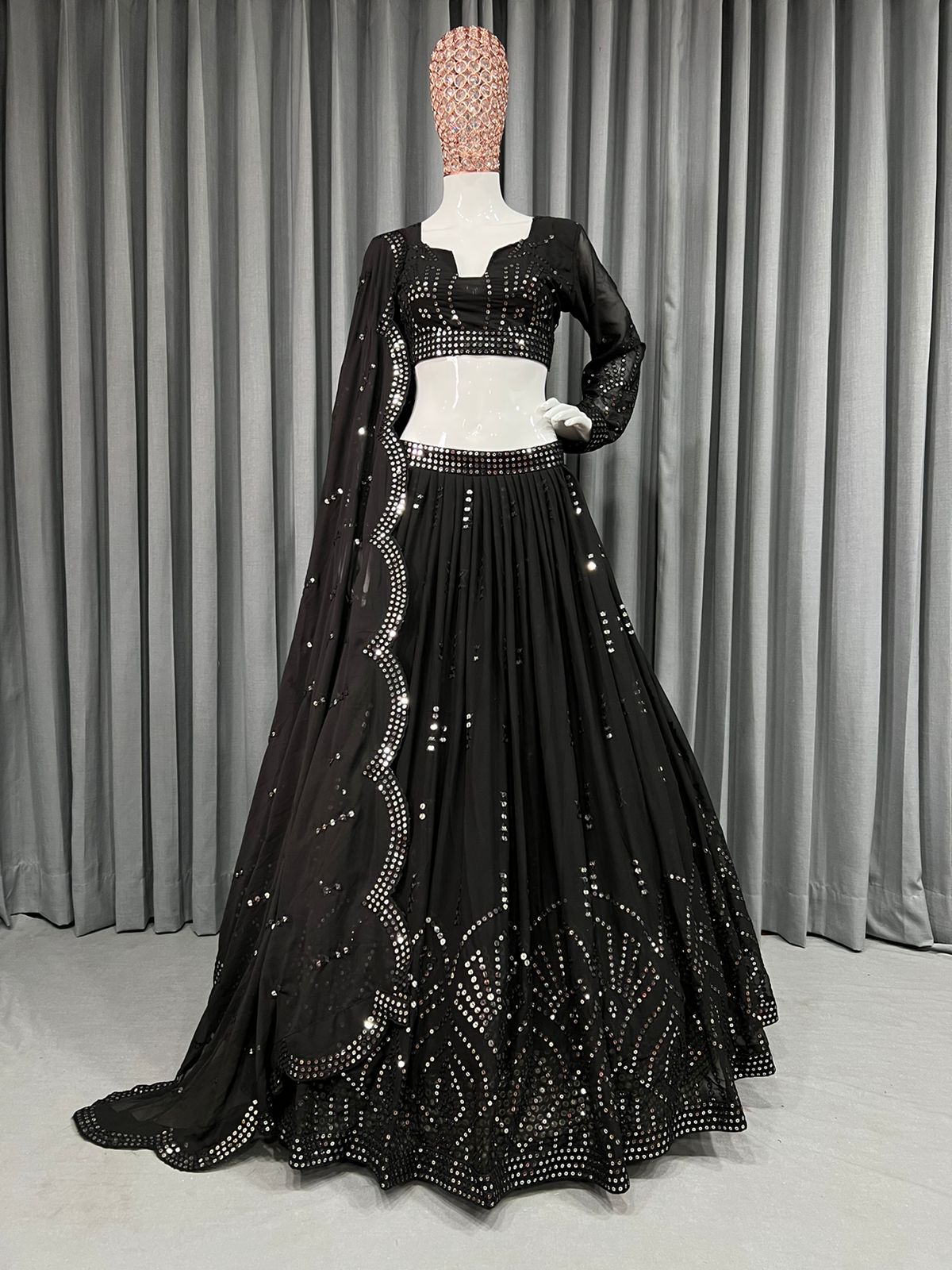 Party Wear Georgette Black Color Lahenga With Embroidered Sequence Work For Ladies